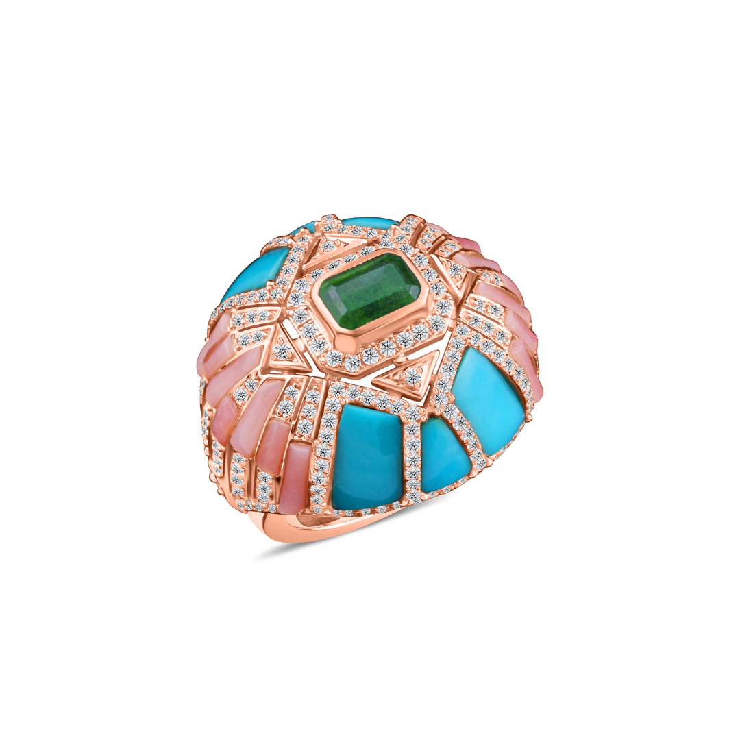 Unique Emerald Turquoise Pink Opal Diamond Cocktail Ring
