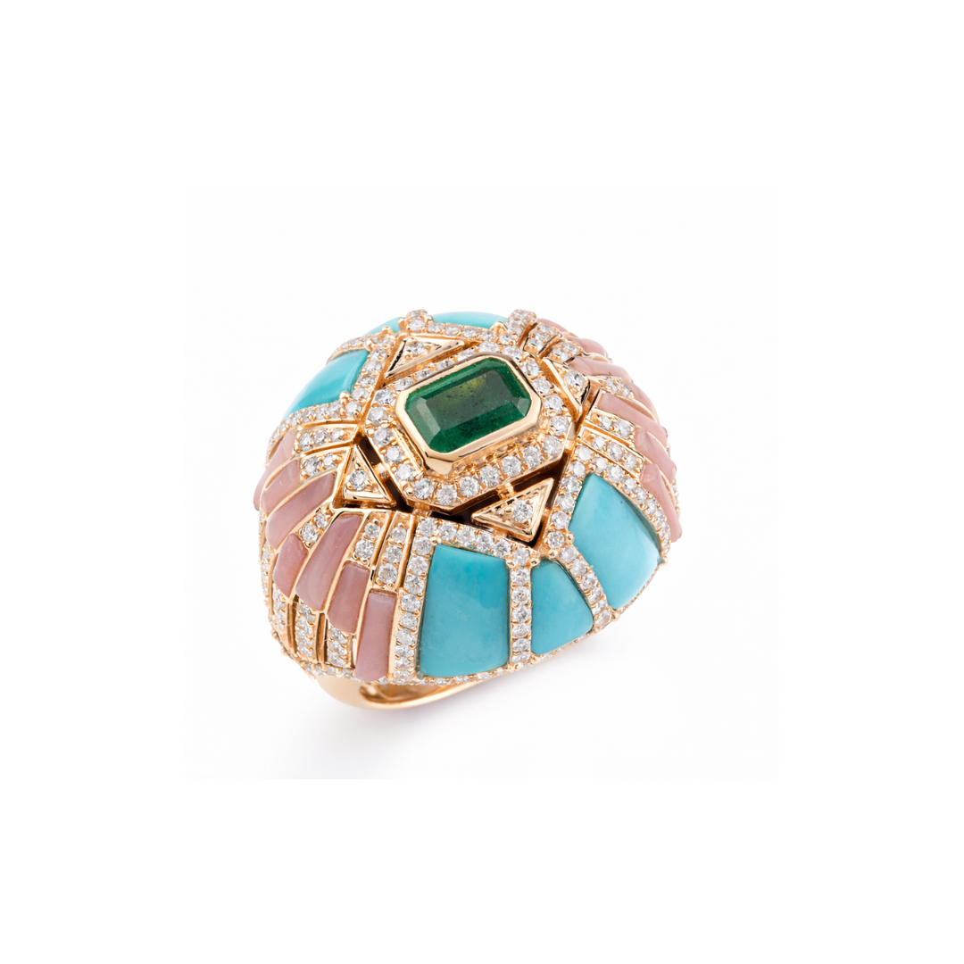 Unique Emerald Turquoise Pink Opal Diamond Cocktail Ring