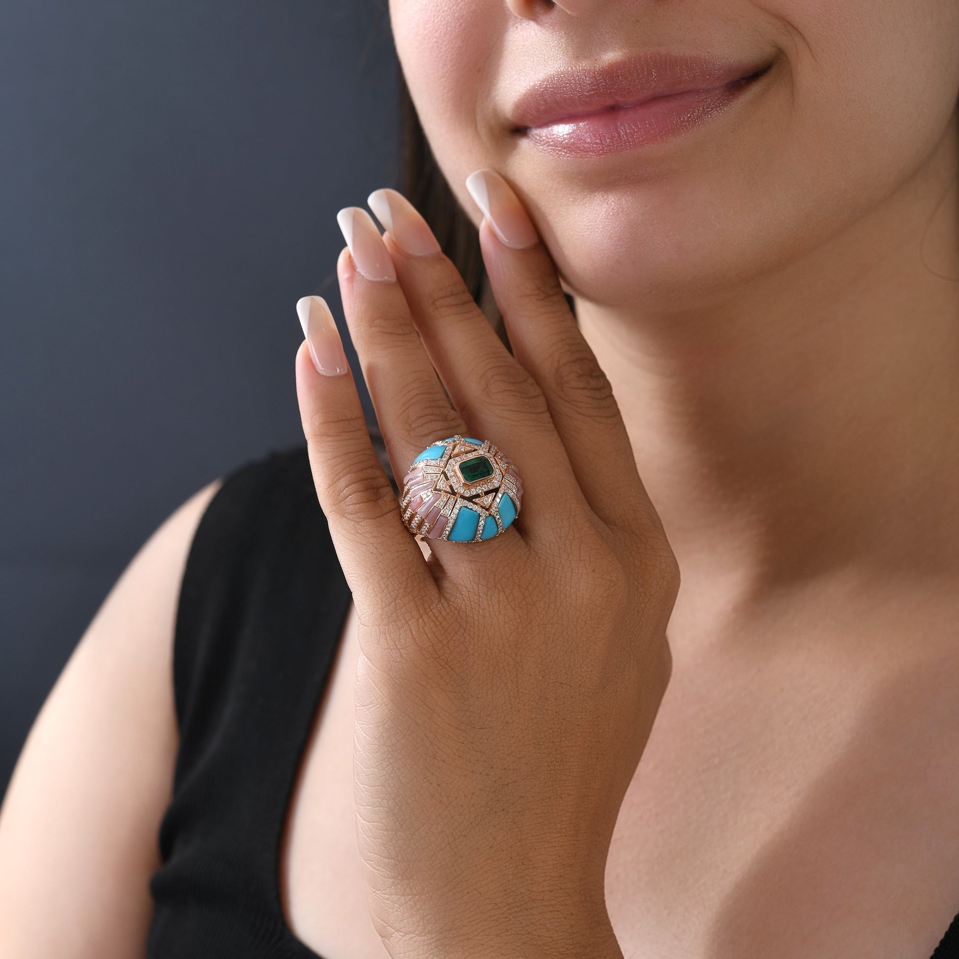 Unique Emerald Turquoise Pink Opal Diamond Cocktail Ring
