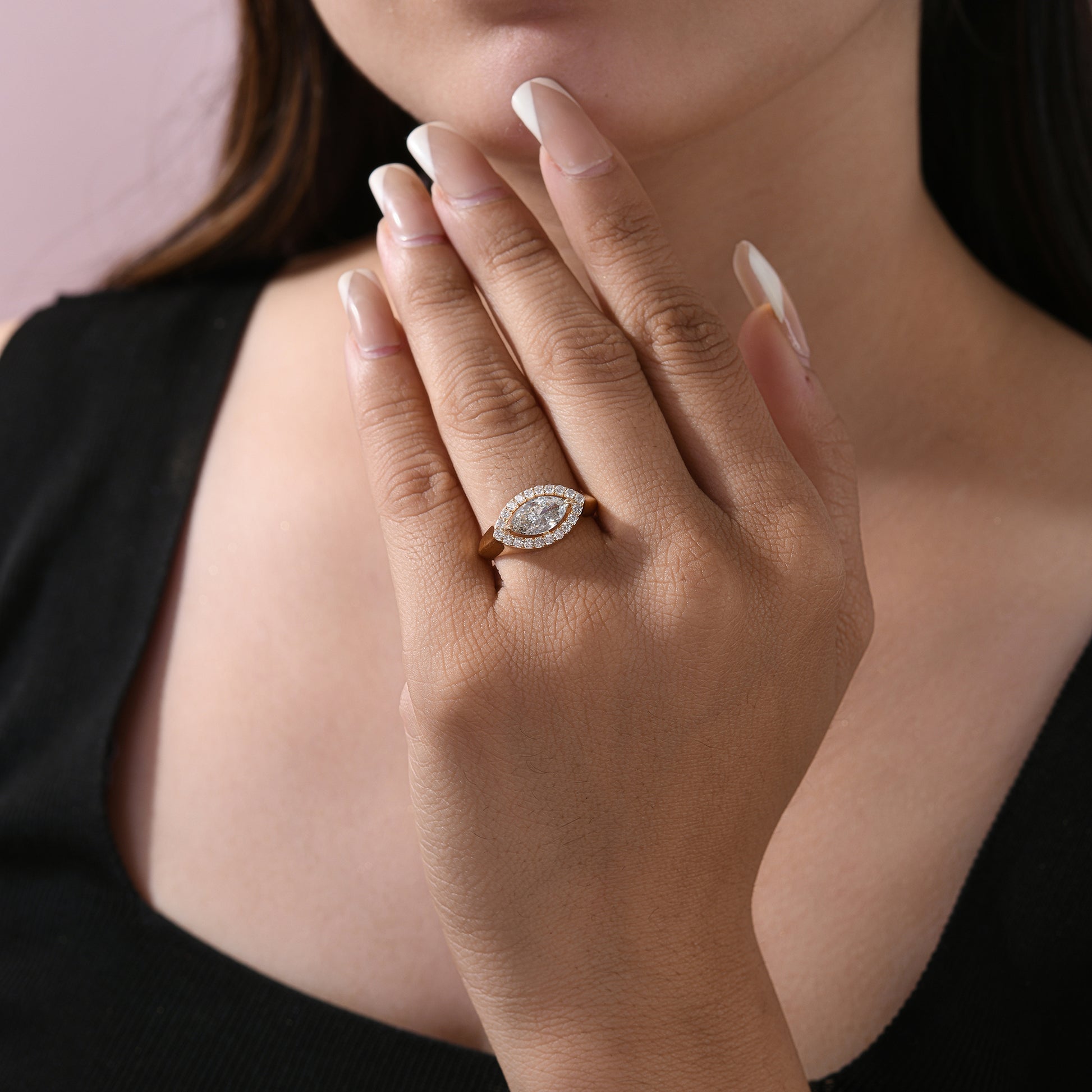 Genuine Marquise Solitaire Diamond Halo Ring in Solid Gold