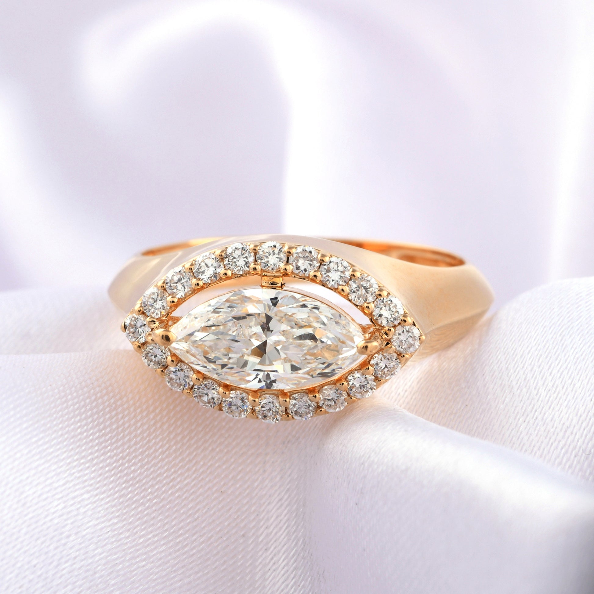 Genuine Marquise Solitaire Diamond Halo Ring in Solid Gold