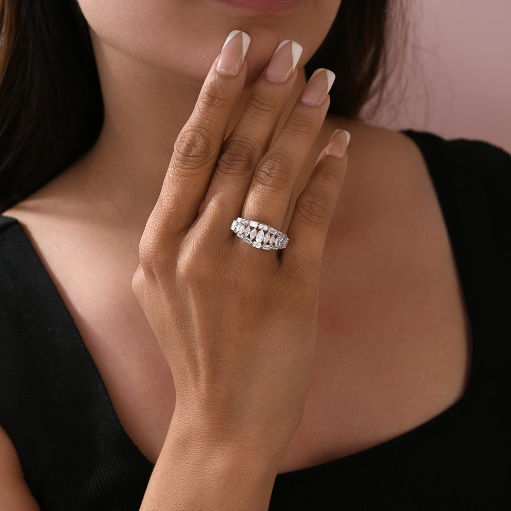 Statement Marquise Baguette Diamond Fine Gold Band Ring