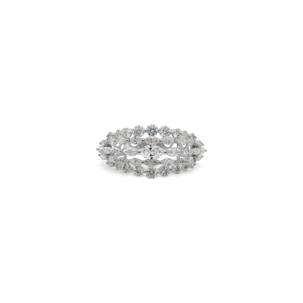 Multi Row Round Marquise Cut Diamond Statement Ring