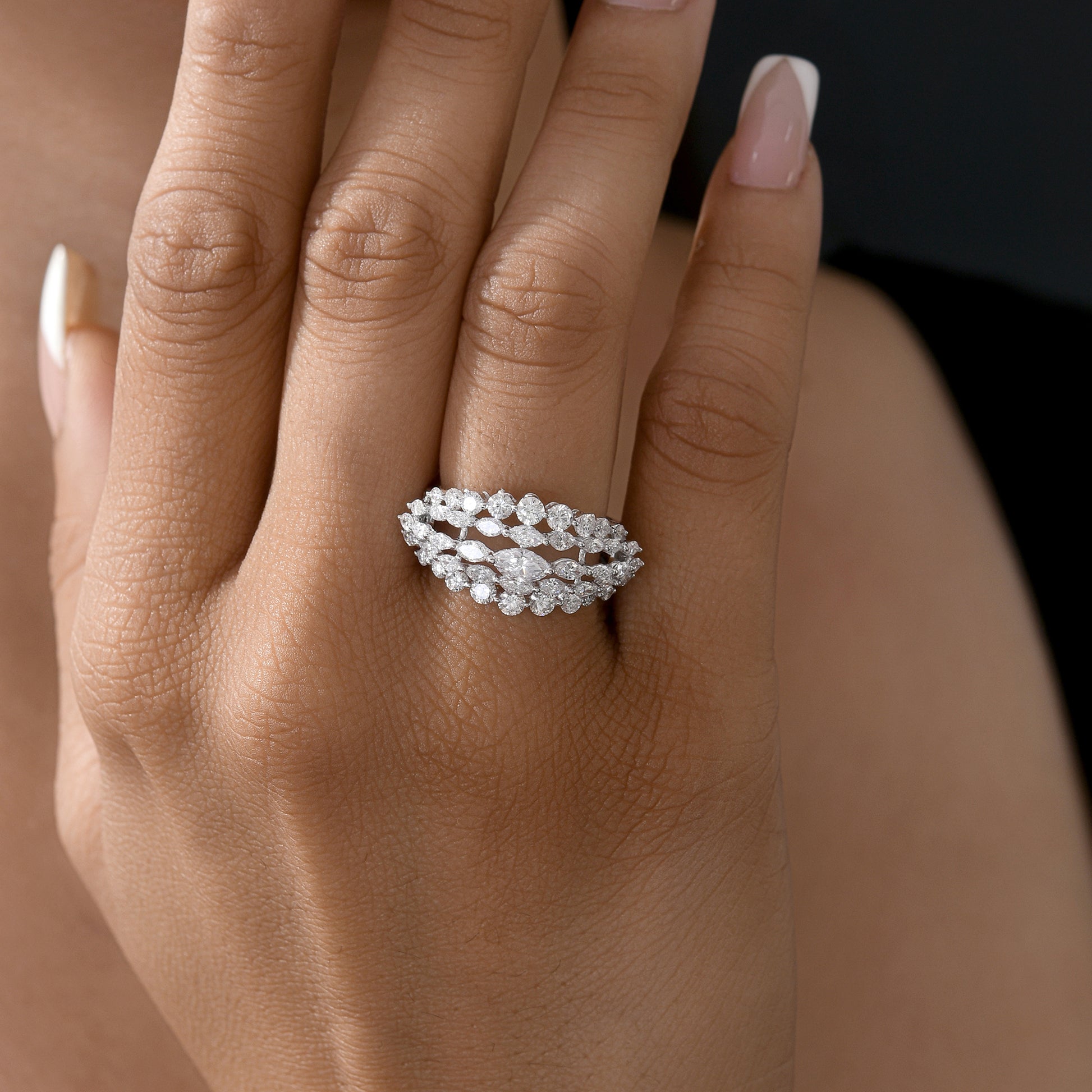 Multi Row SI Clarity HI Color Round Marquise Cut Diamond Statement Ring