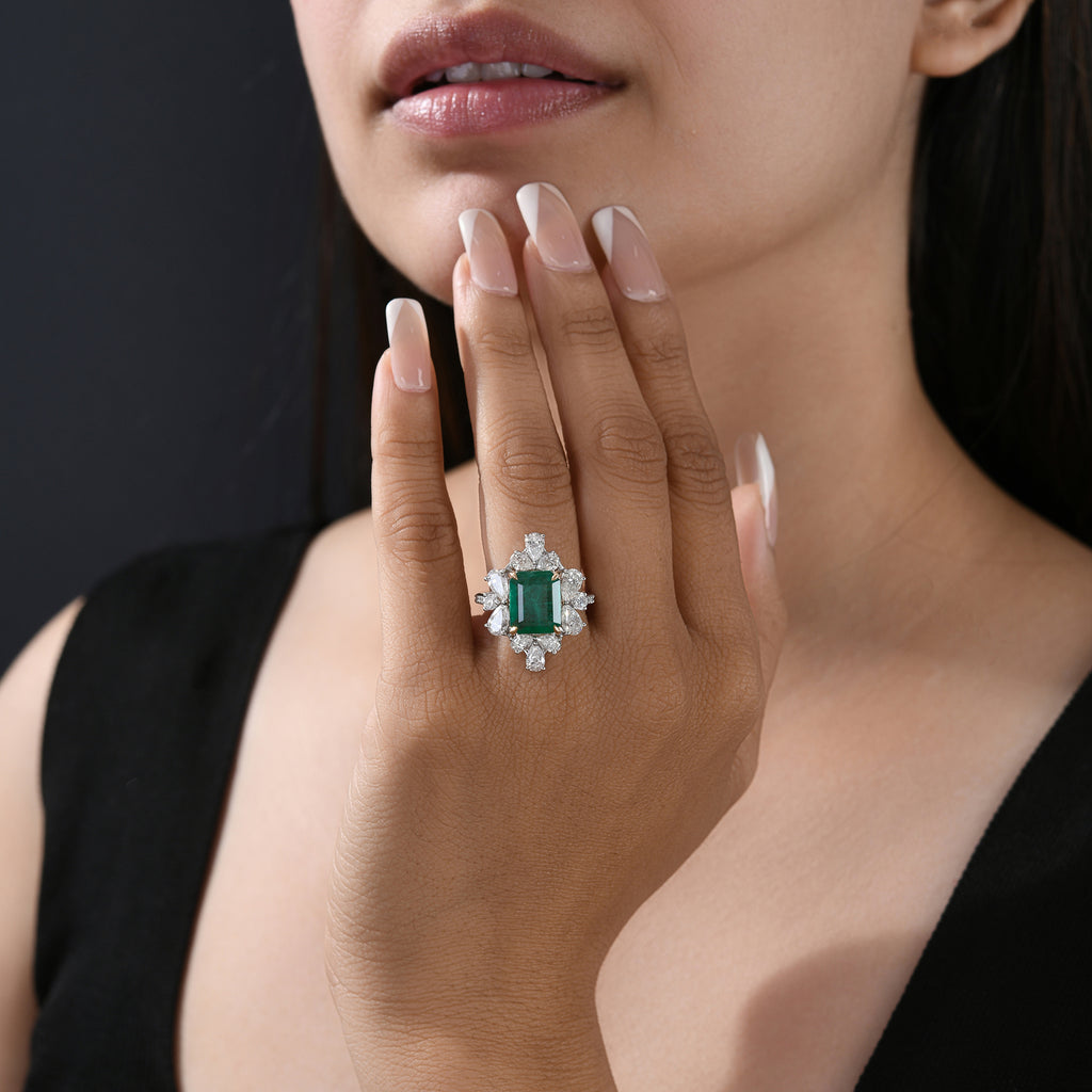 Luxury Zambian Emerald & Natural Diamond Fine Gold Halo Cocktail Ring