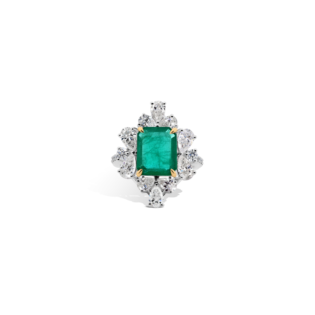 Luxury Zambian Emerald & Natural Diamond Fine Gold Halo Cocktail Ring