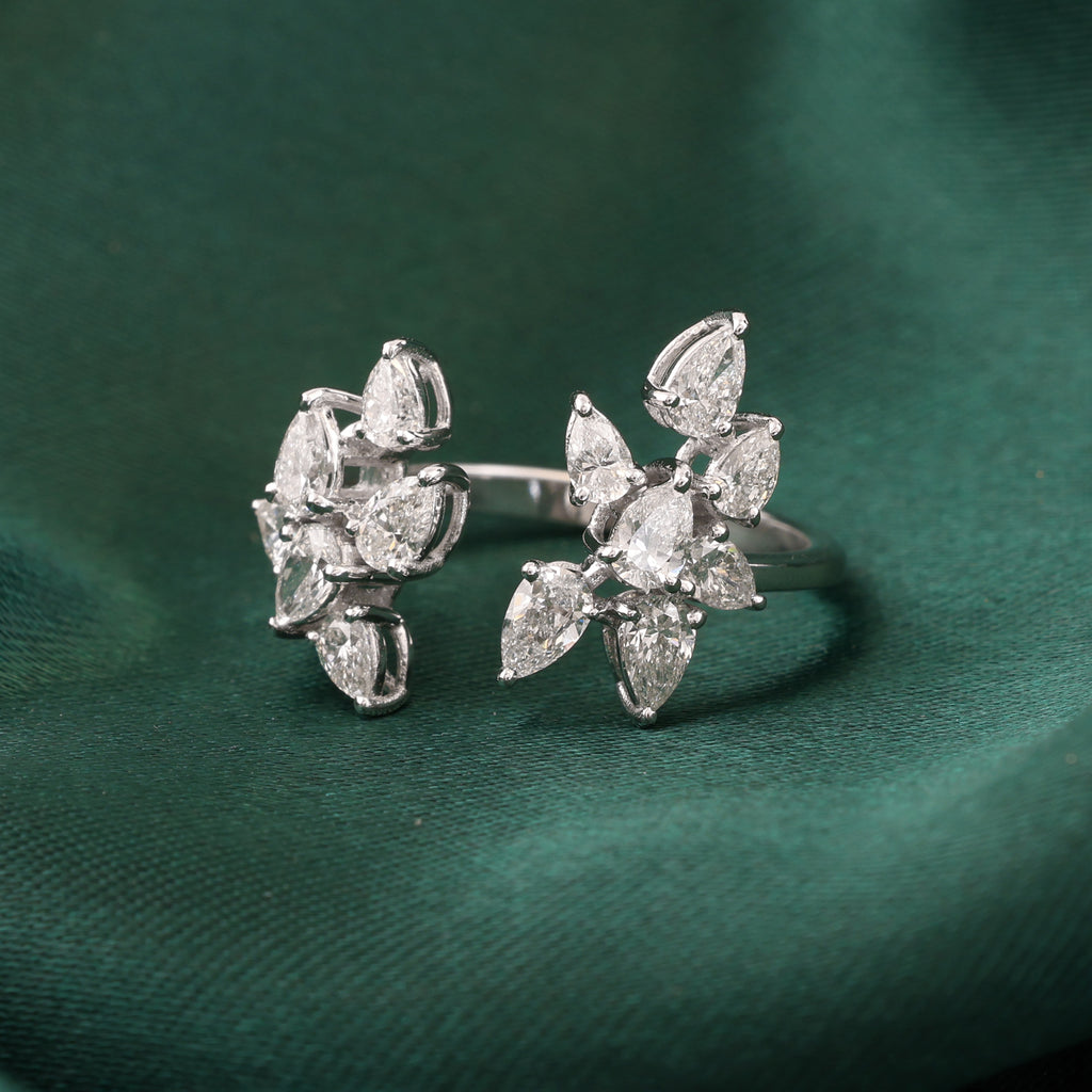 Certified Pear Cut Natural Diamond Open Cuff Fine Gold Ring