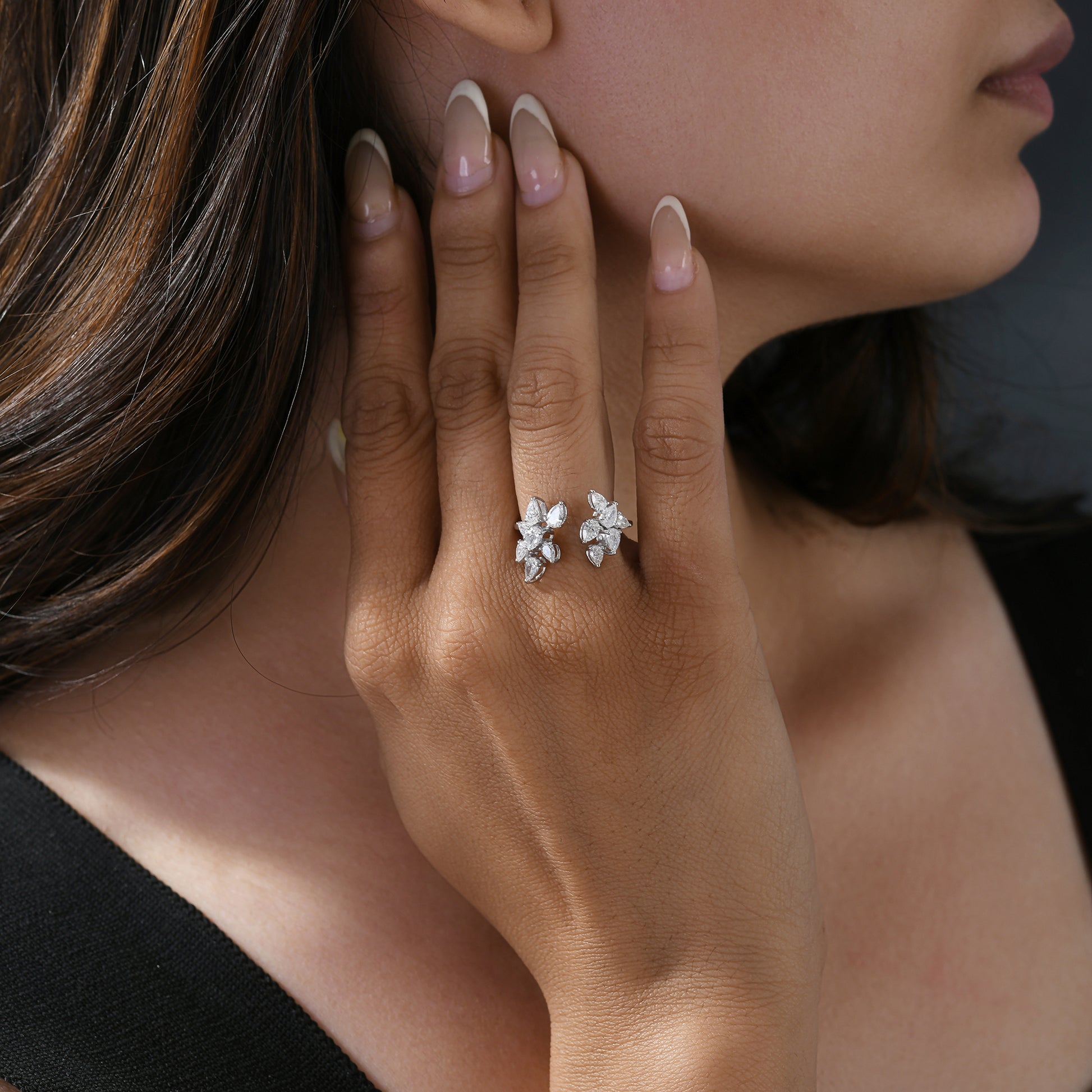 Certified Pear Cut Natural Diamond Open Cuff Fine Gold Ring