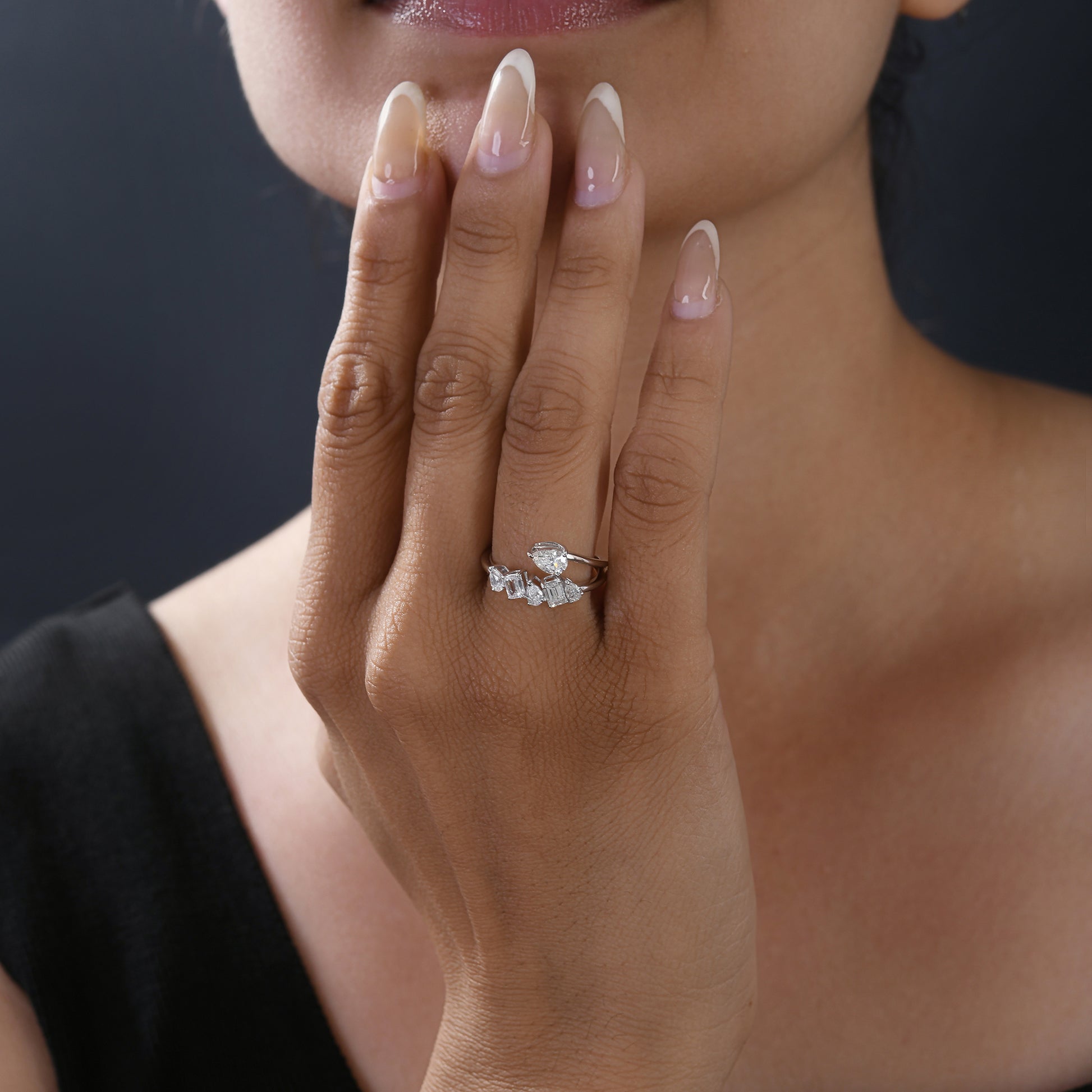 Open Style Multi Stone Natural Diamond Bypass Ring in Fine Gold