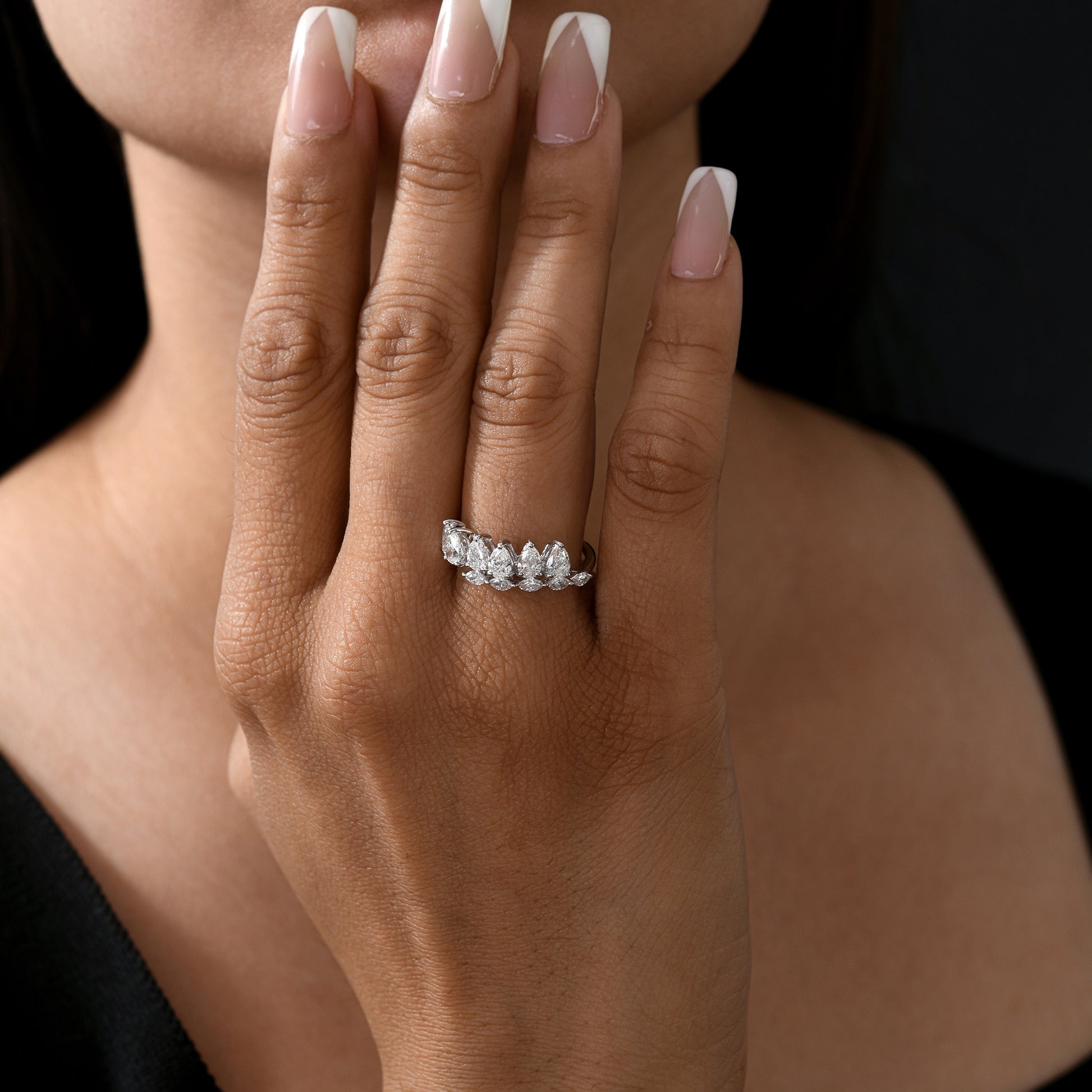 Fine Gold 1.38 Carat Pear Marquise Shaped Natural Diamond Cluster Ring