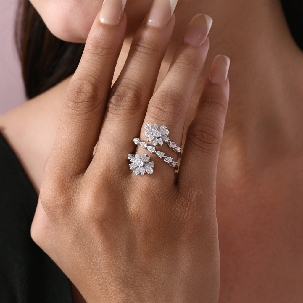 Statement Floral Pear Cut Natural Diamond Wrap Ring in Fine Gold