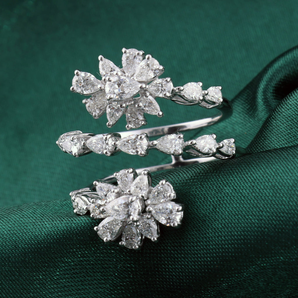 Statement Floral Pear Cut Natural Diamond Wrap Ring in Fine Gold