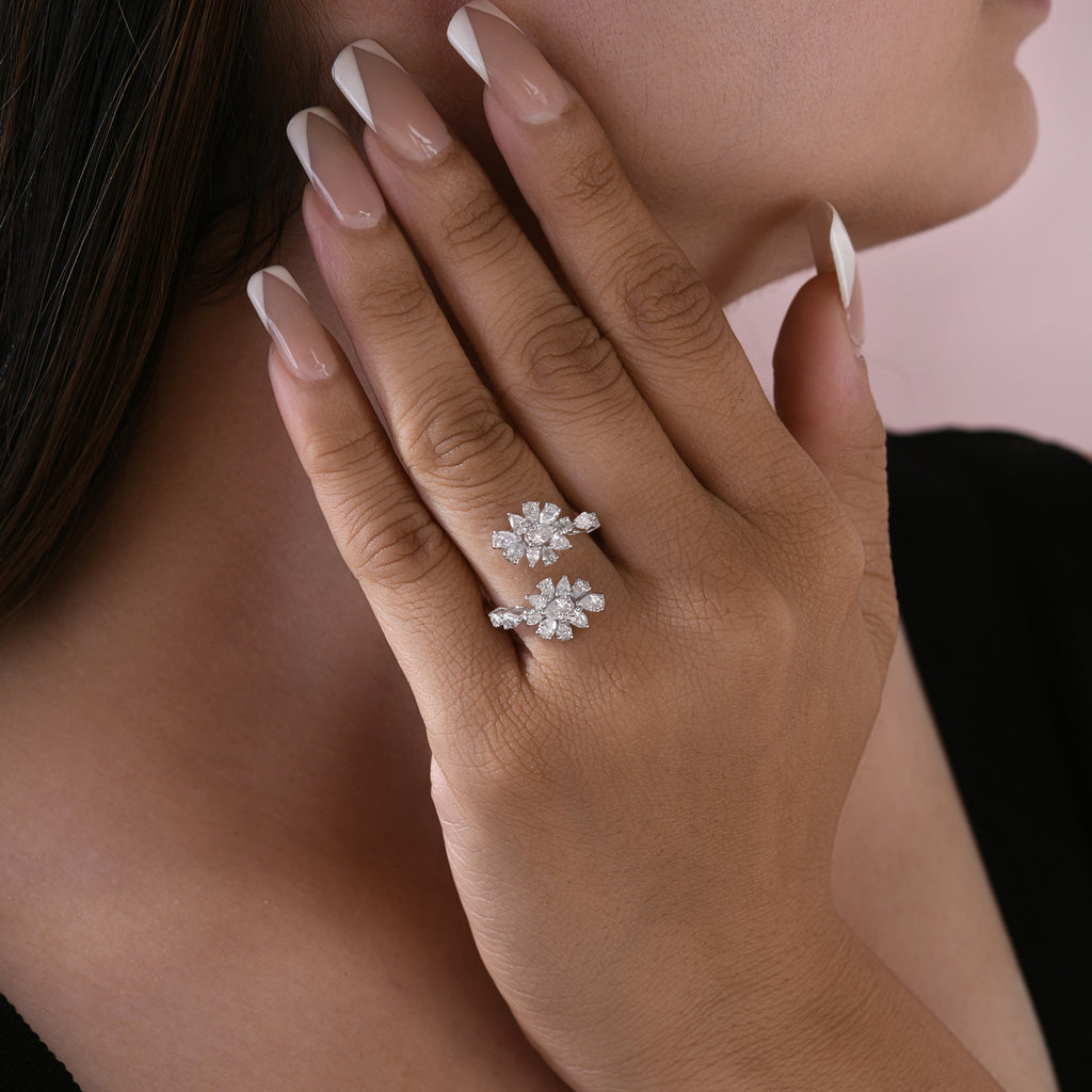 Exclusive Double Floral Fine Gold Natural Diamond Open Wrap Ring