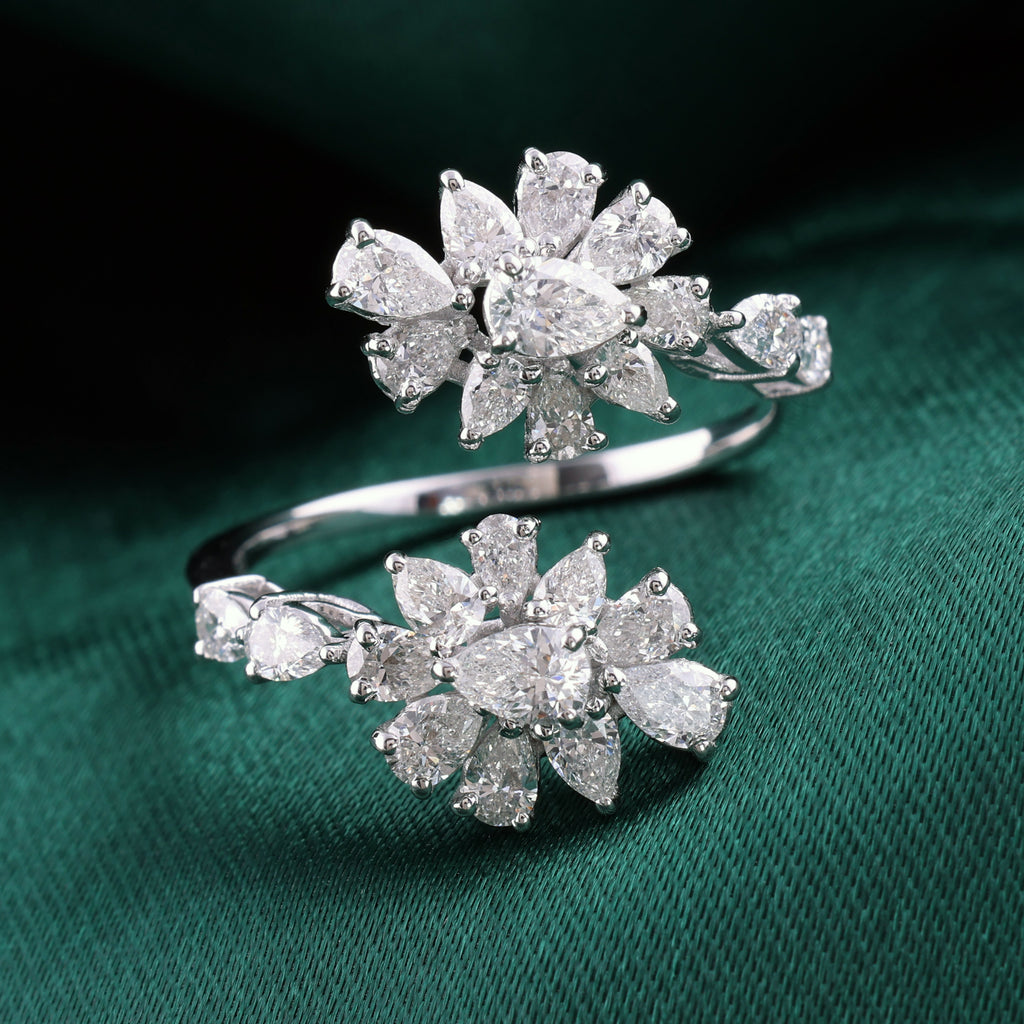 Exclusive Double Floral Fine Gold Natural Diamond Open Wrap Ring