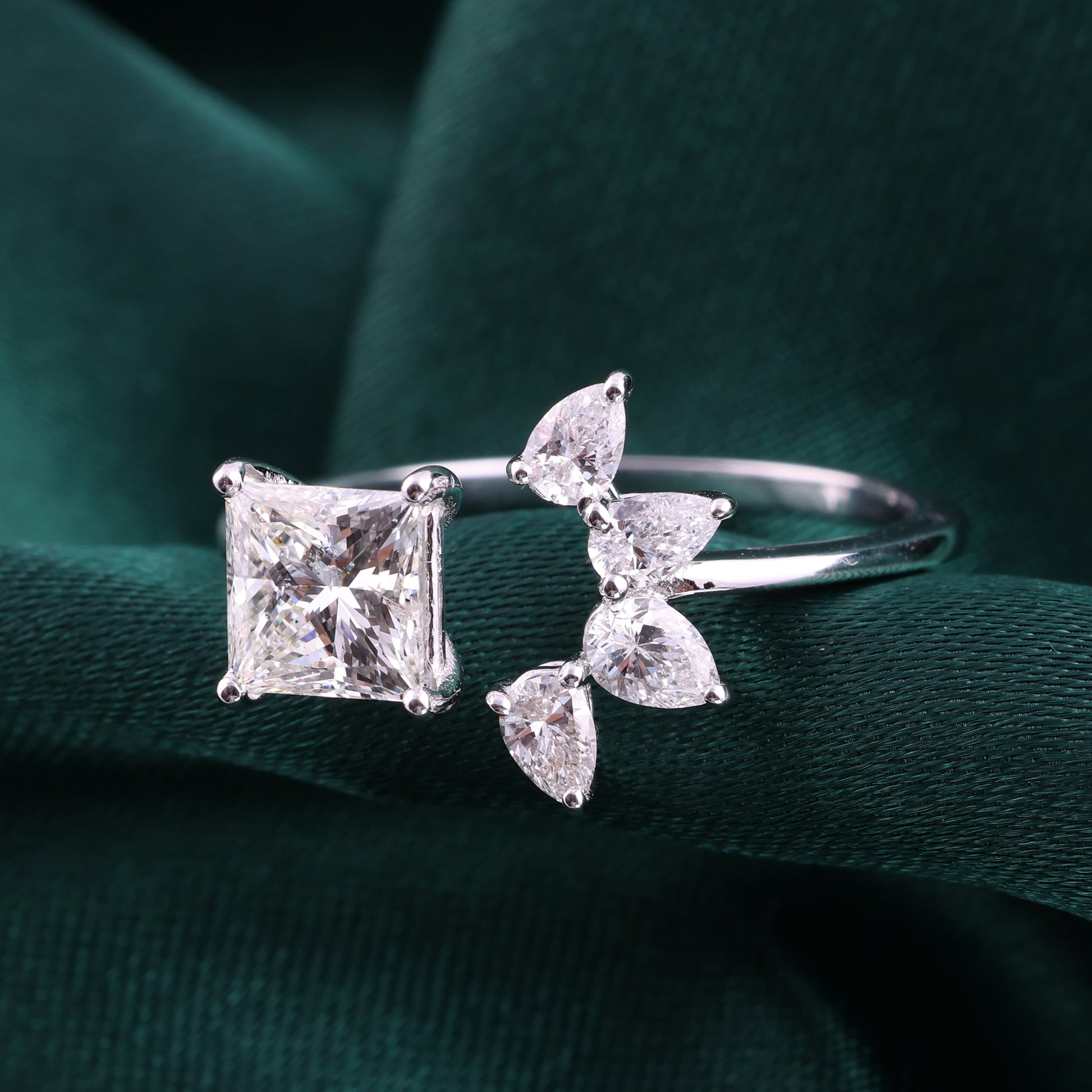 Princess Cut Diamond Wedding Ring with Elegant Cluster Side Stones