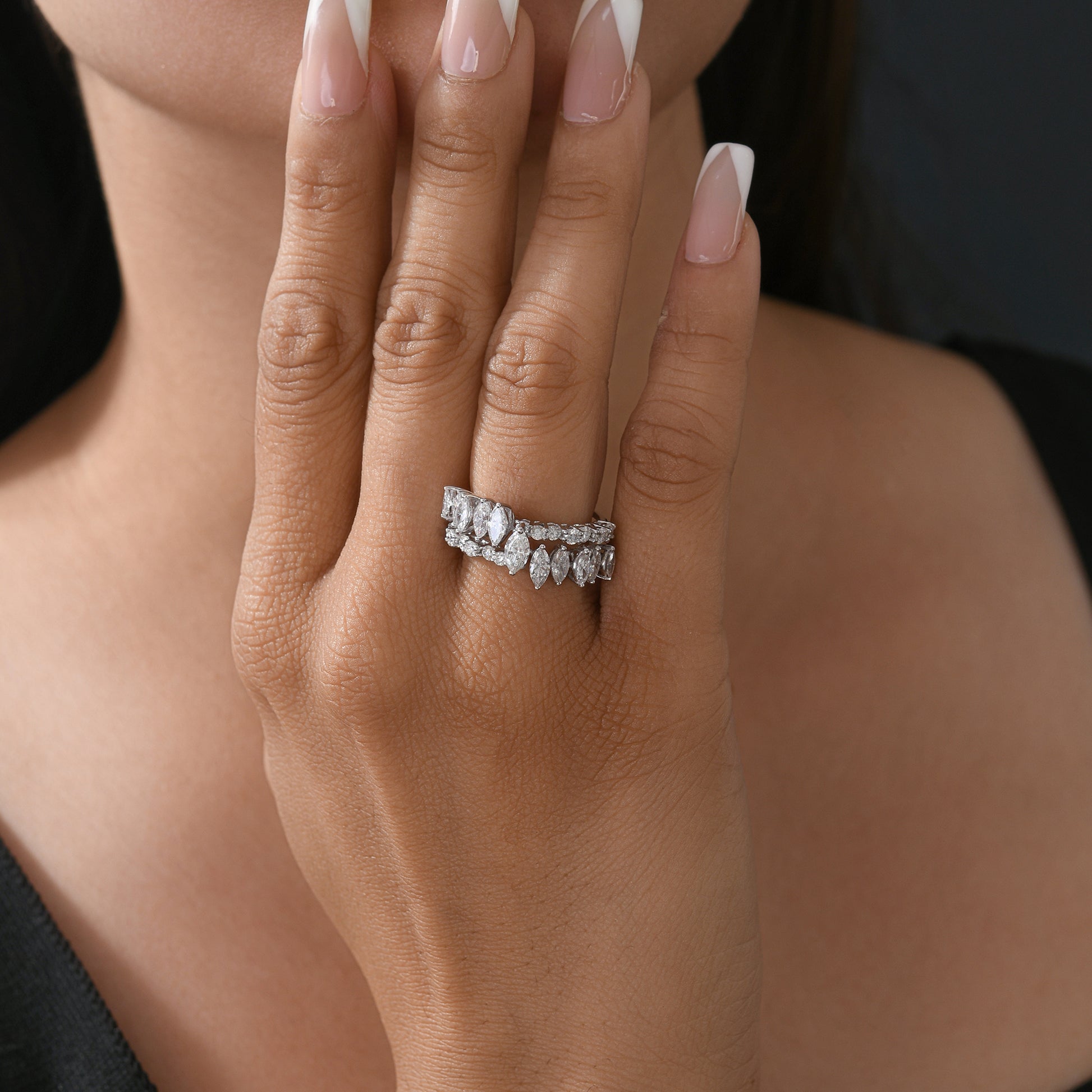 Exquisite Multi Tier Marquise and Round Diamond Ring Crafted in Fine Gold