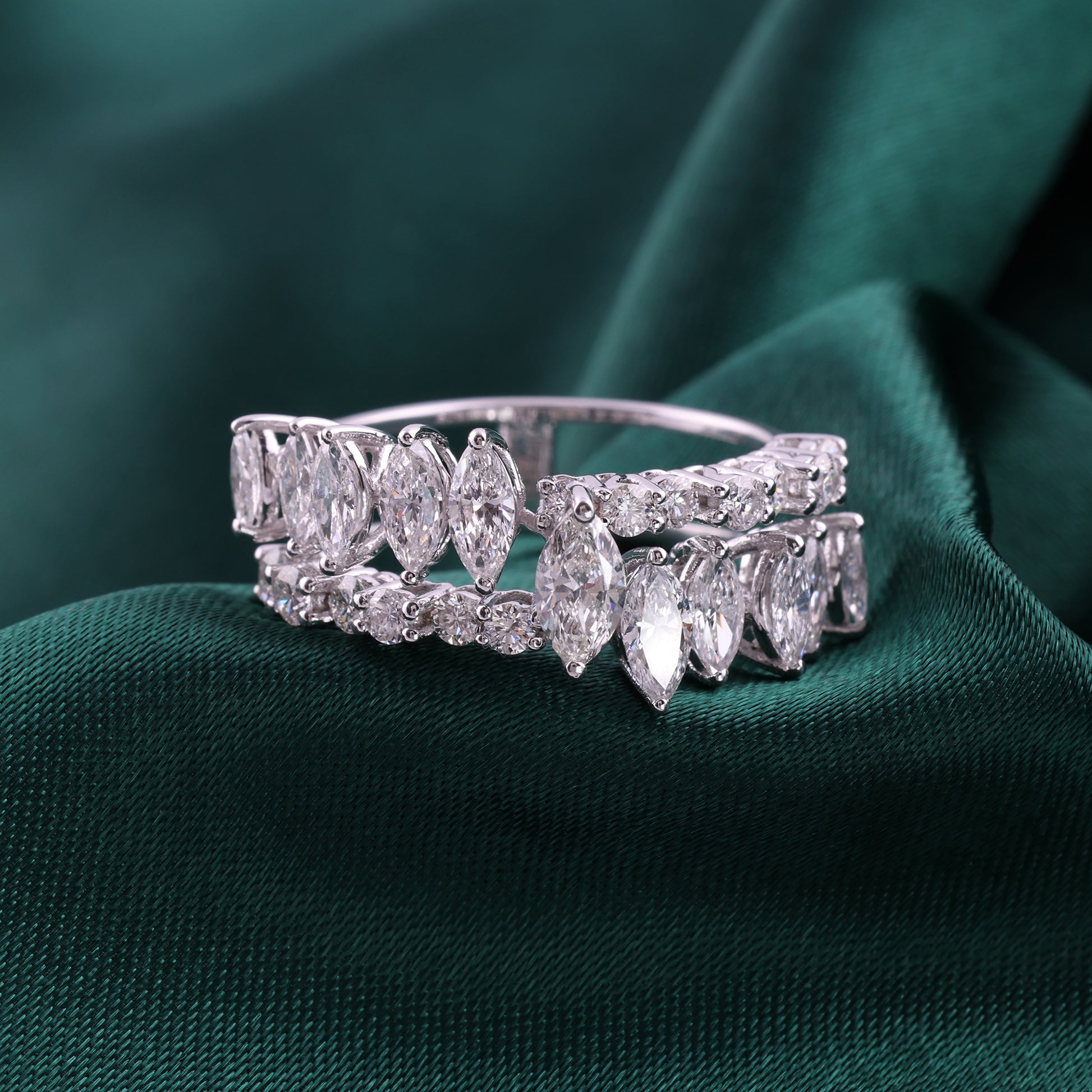 Exquisite Multi Tier Marquise and Round Diamond Ring Crafted in Fine Gold