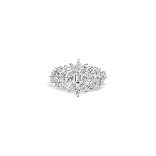 Emerald Cut Diamond Floral Statement Ring in Fine Gold