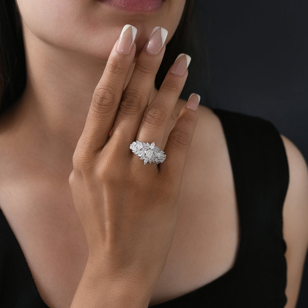 Emerald Cut Natural Diamond Floral Cluster Statement Ring in Fine Gold