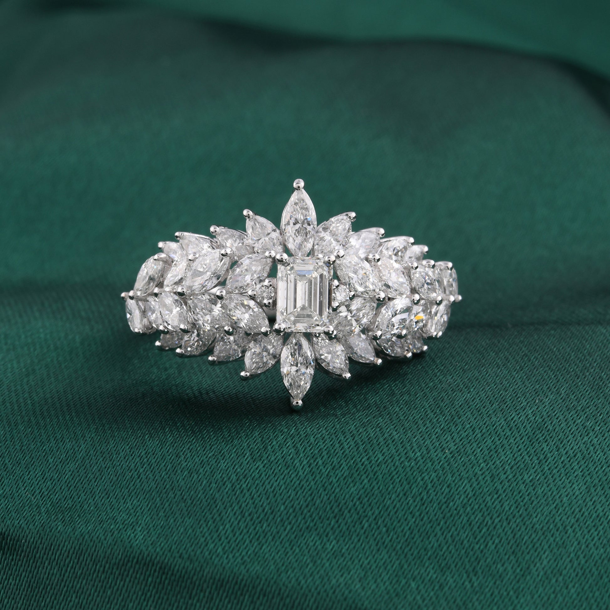 Emerald Cut Natural Diamond Floral Cluster Statement Ring in Fine Gold