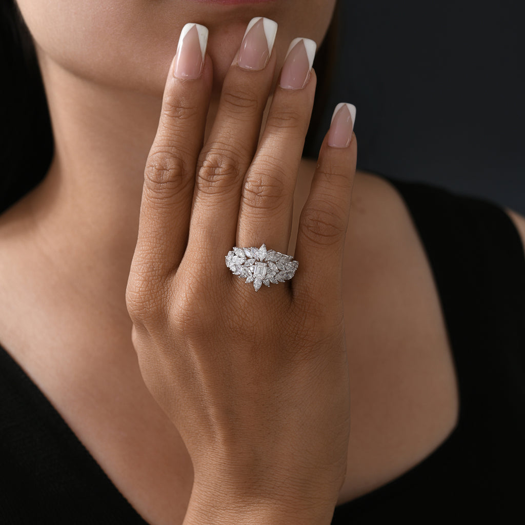 Statement Fine Gold Multi Cut Natural Diamond Floral Cluster Ring