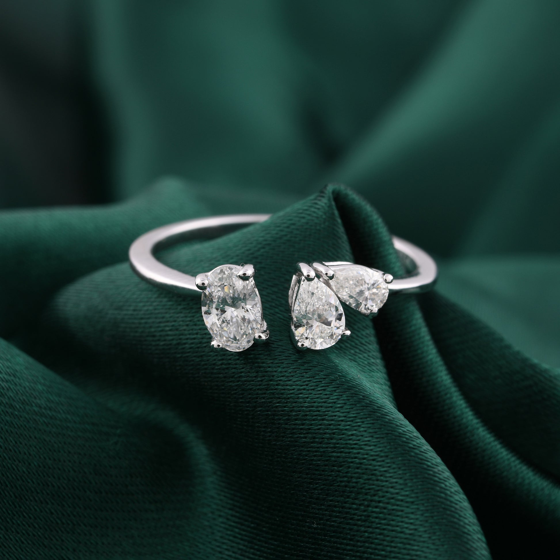 Delicate Oval and Pear Cut Natural Diamond Fine Gold Open Cuff Ring