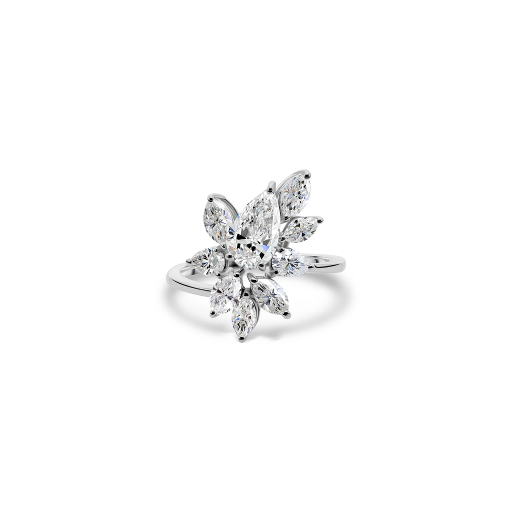 Floral Pear and Marquise Cluster Natural Diamond Ring in Fine Gold