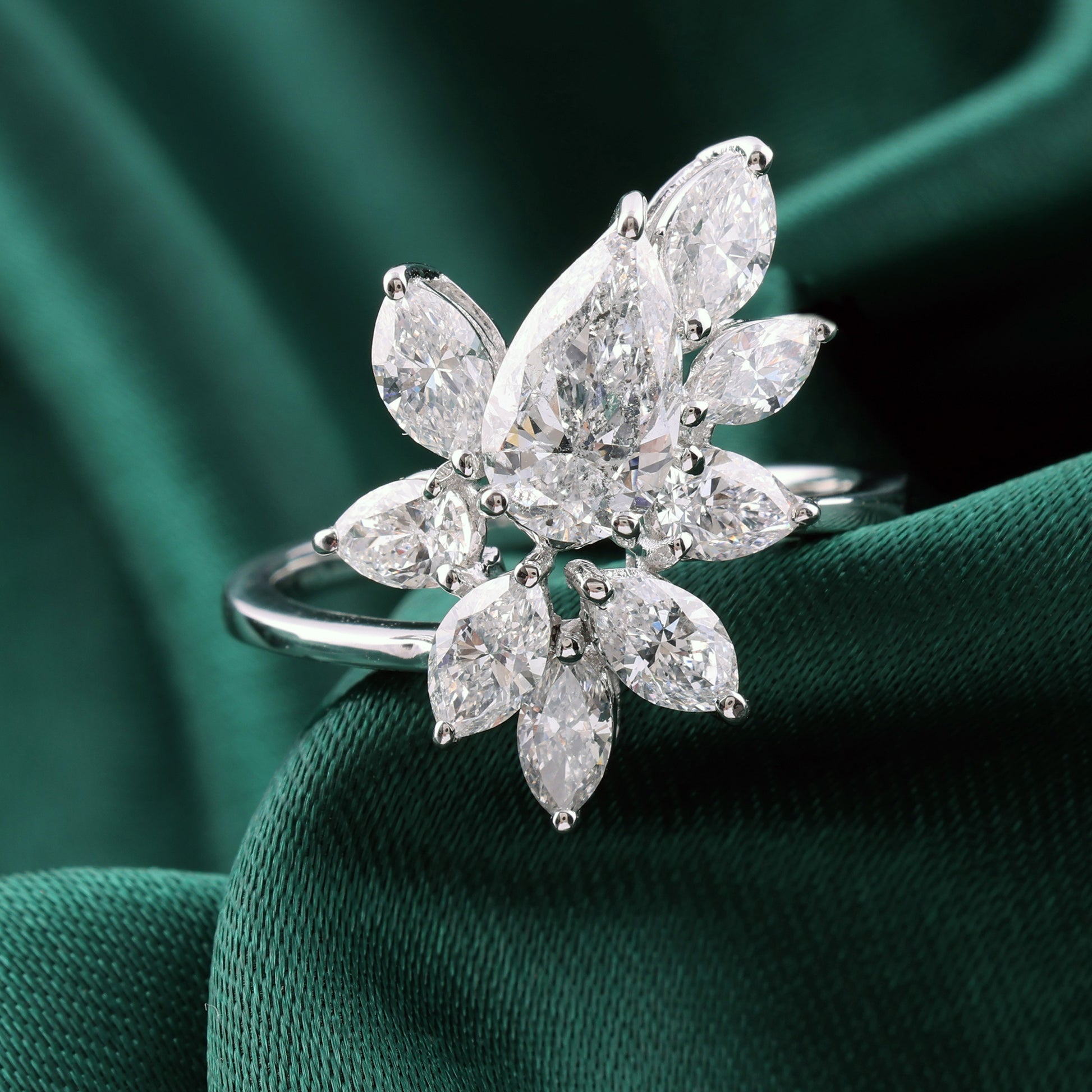 Floral Pear and Marquise Cluster Natural Diamond Ring in Fine Gold