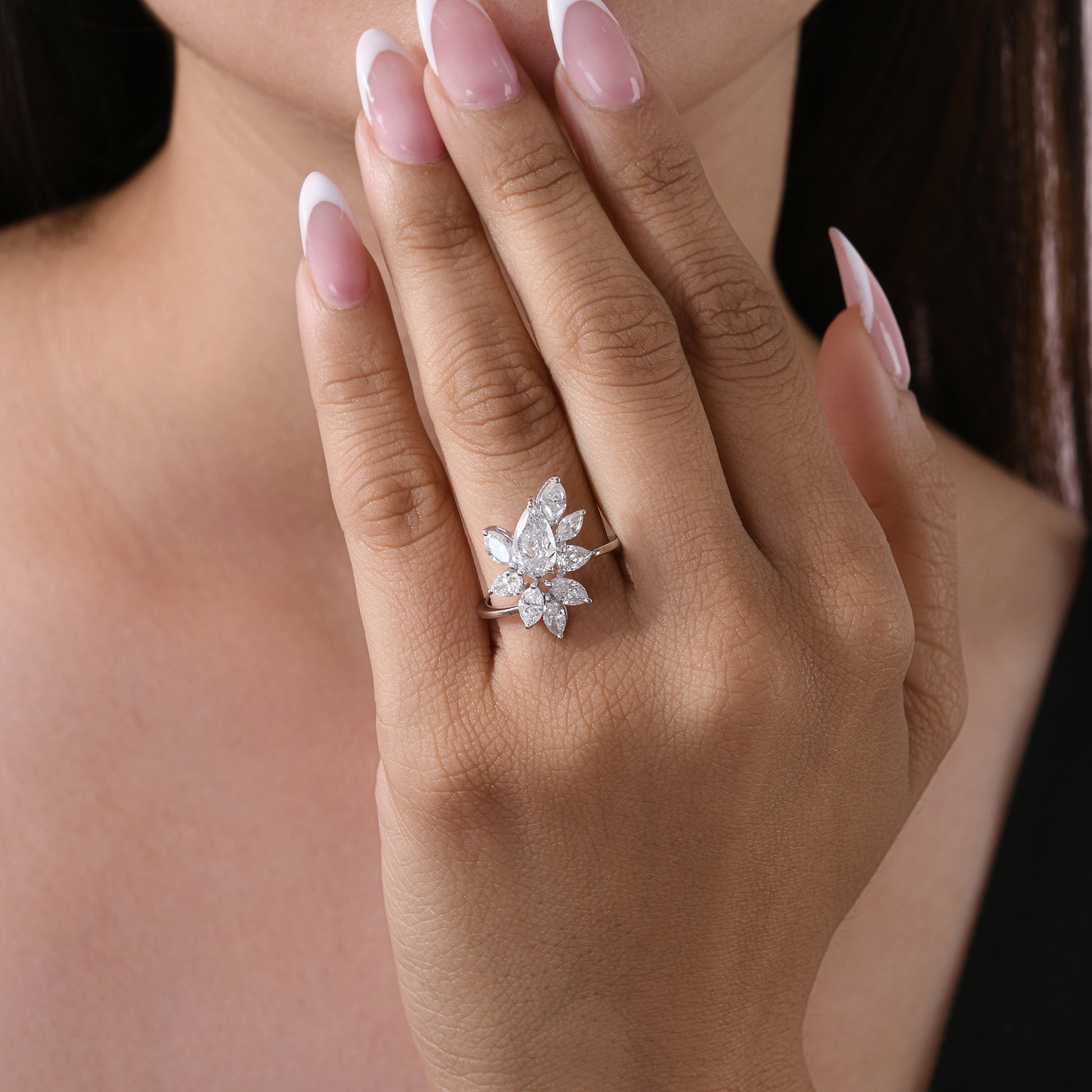 Floral Pear and Marquise Cluster Natural Diamond Ring in Fine Gold