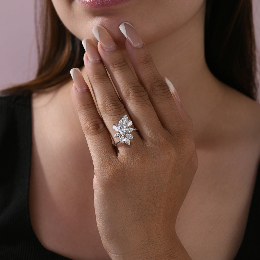 Floral Marquise Pear Cut Natural Diamond Cocktail Ring in Fine Gold