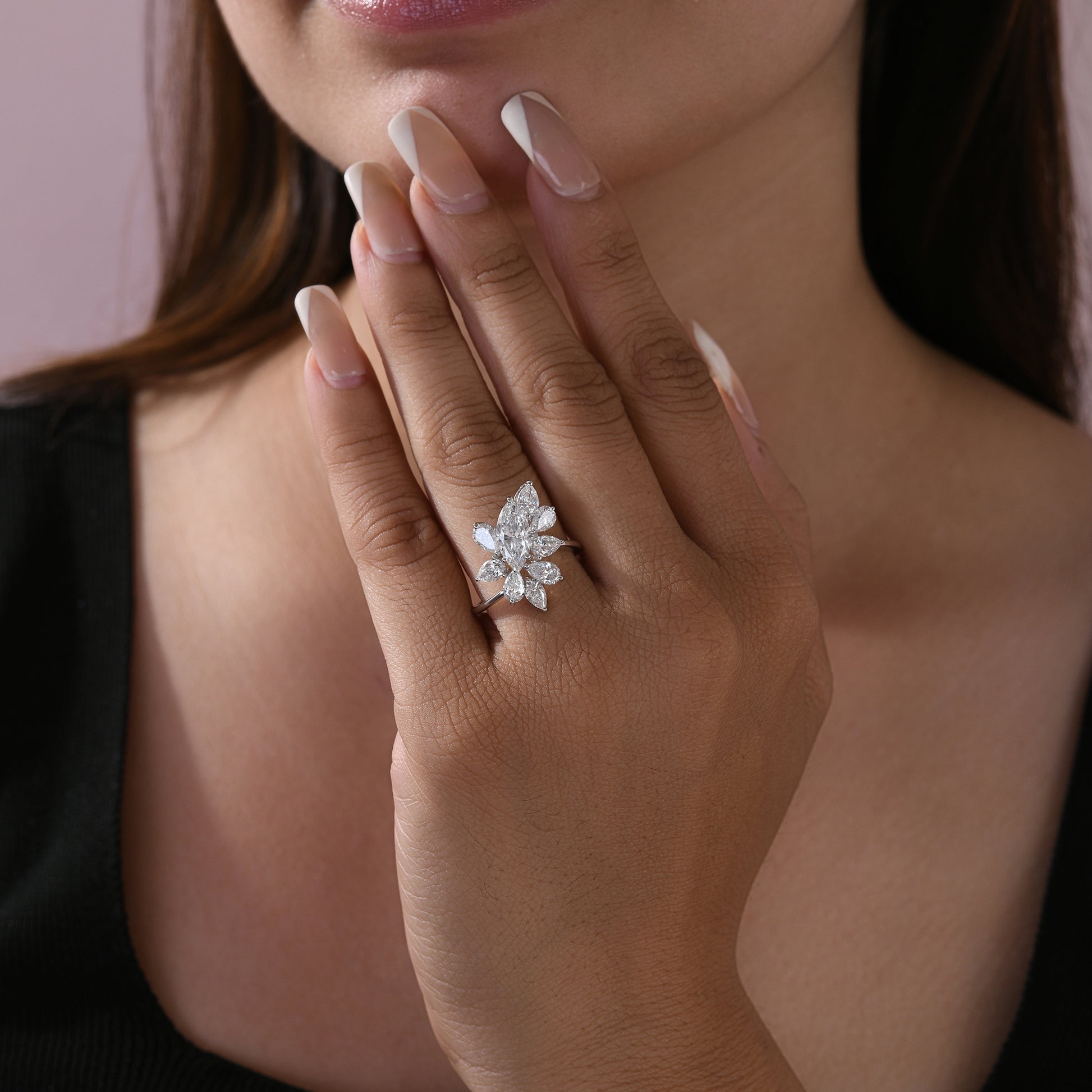 Floral Marquise Pear Cut Natural Diamond Cocktail Ring in Fine Gold