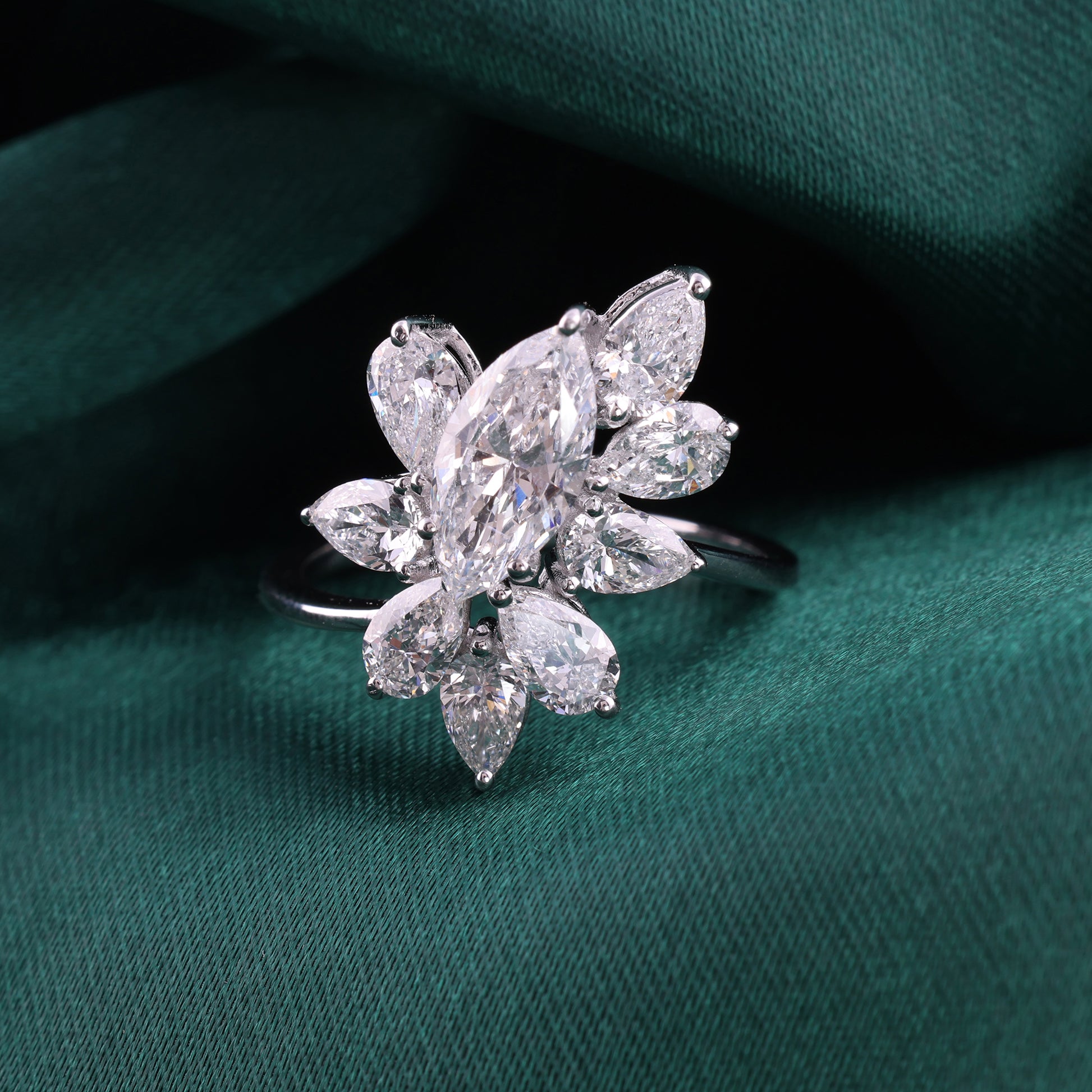 Floral Marquise Pear Cut Natural Diamond Cocktail Ring in Fine Gold