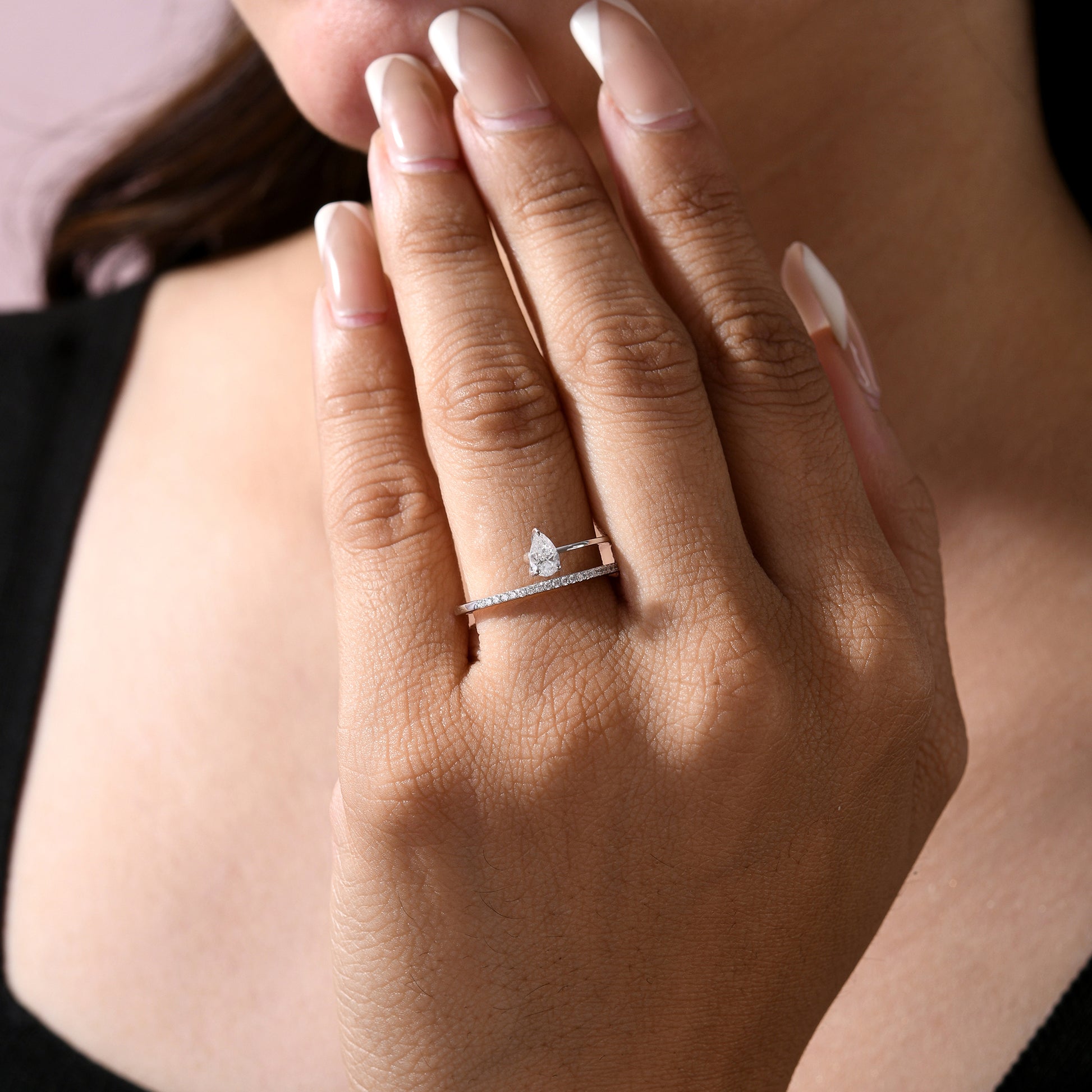 Elegant Pear Shaped Natural Diamond Open Ring with Pave Band