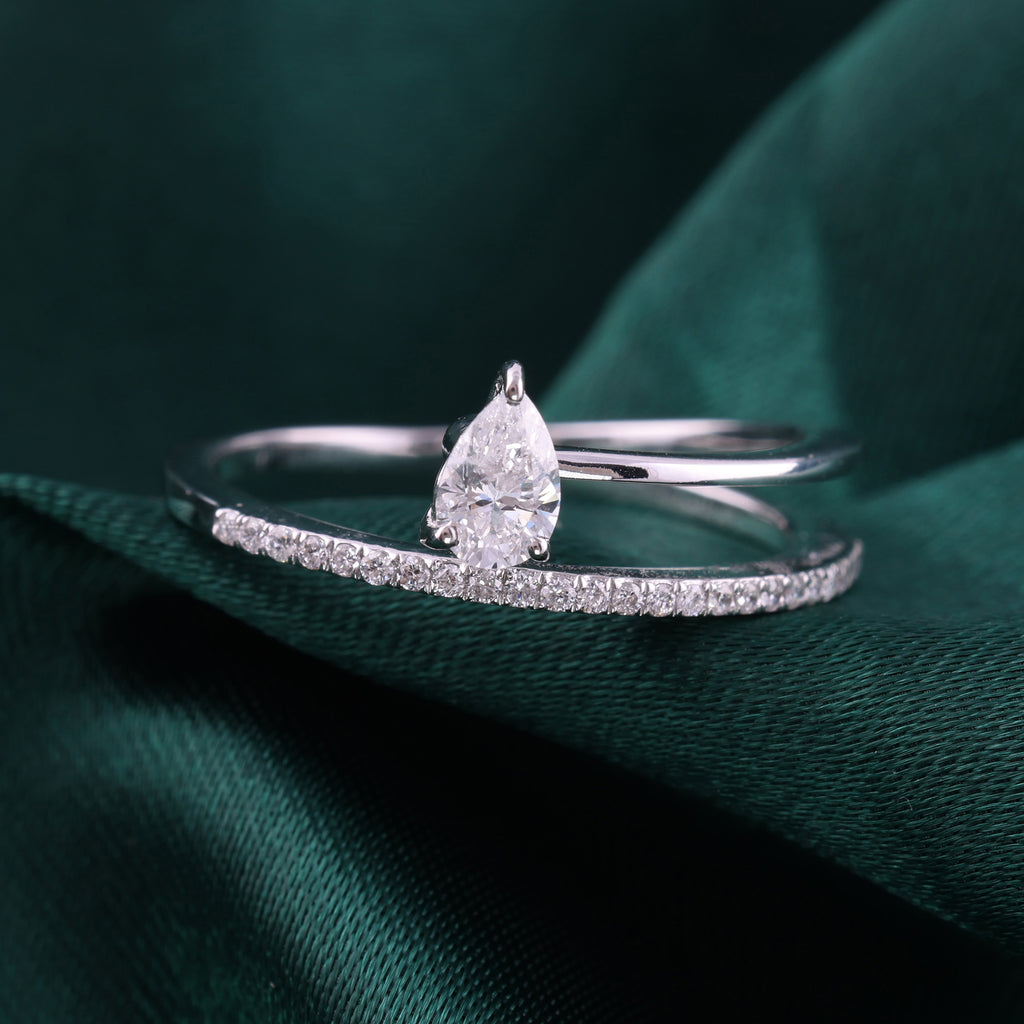 Elegant Pear Shaped Diamond Open Ring with Pave Band