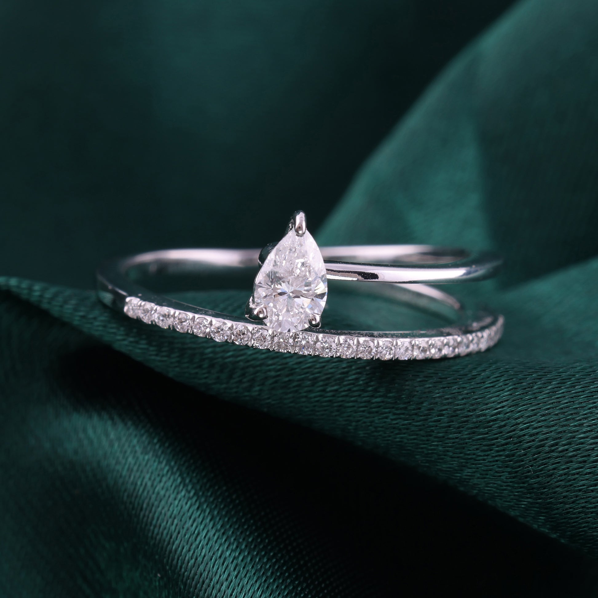 Elegant Pear Shaped Natural Diamond Open Ring with Pave Band