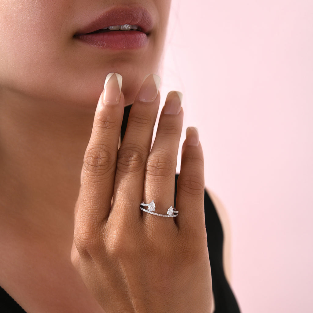 Dainty Pear Cut Double Band Natural Diamond Ring in Fine Gold