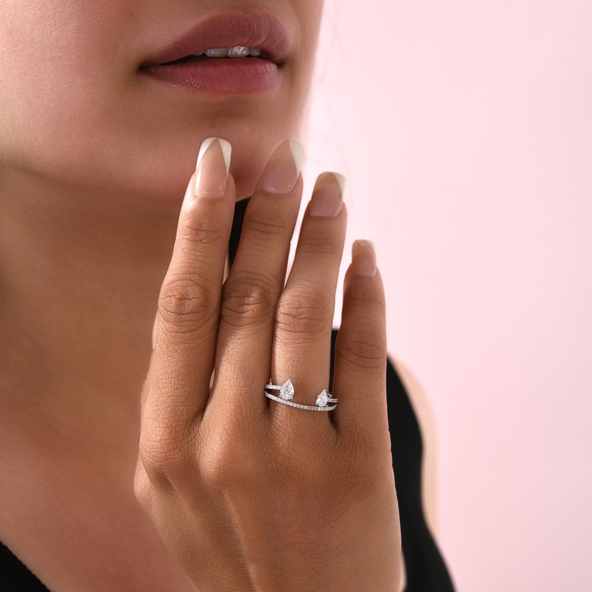 Dainty Pear Cut Double Band Natural Diamond Ring in Fine Gold