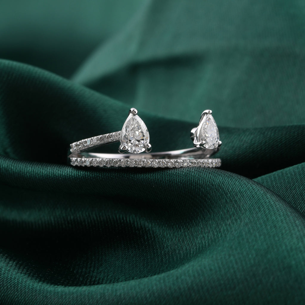 Dainty Pear Cut Double Band Natural Diamond Ring in Fine Gold