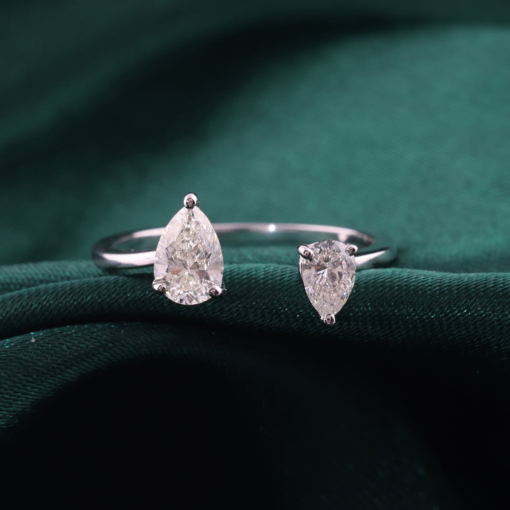 Minimal Pear Shaped Natural Diamond Open Cuff Ring in Fine Gold