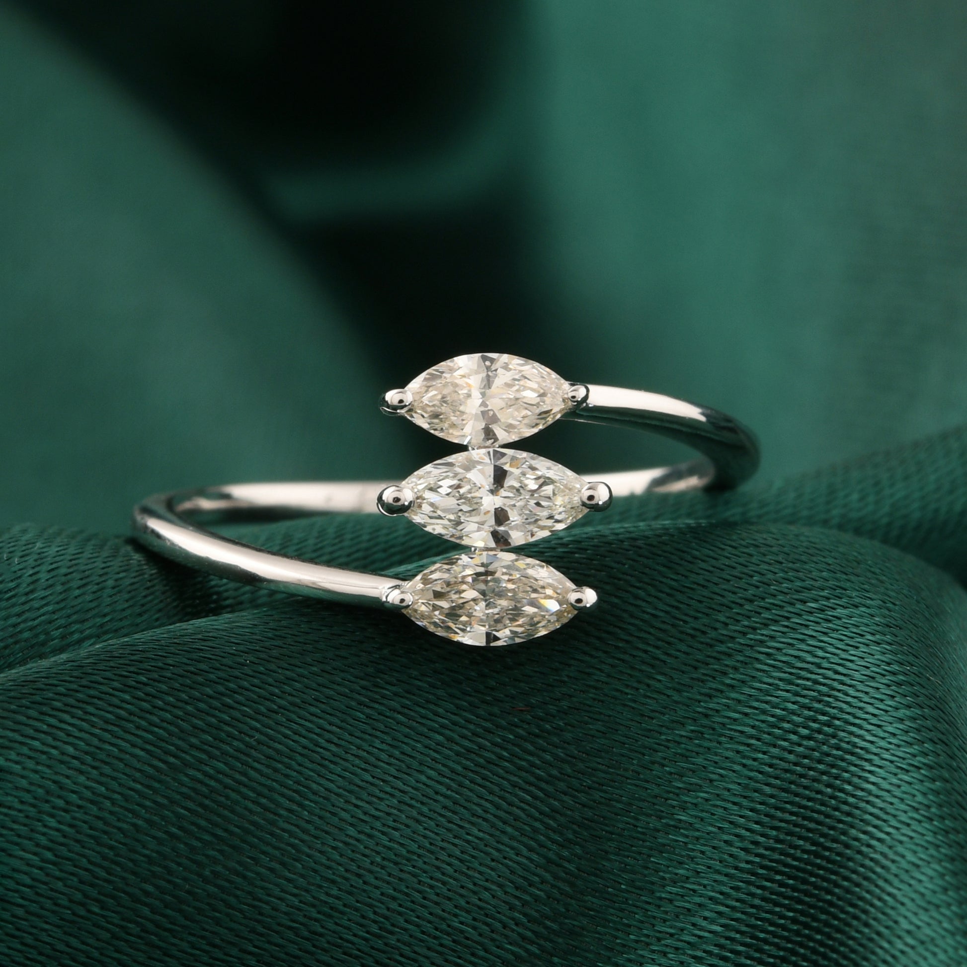 Certified Three Stone Marquise Cut Natural Diamond Ring in Fine Gold