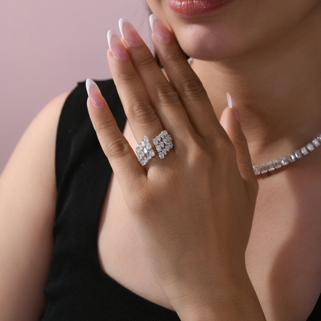 Multi Row Pear & Oval Cut Natural Diamond Statement Ring in Fine Gold