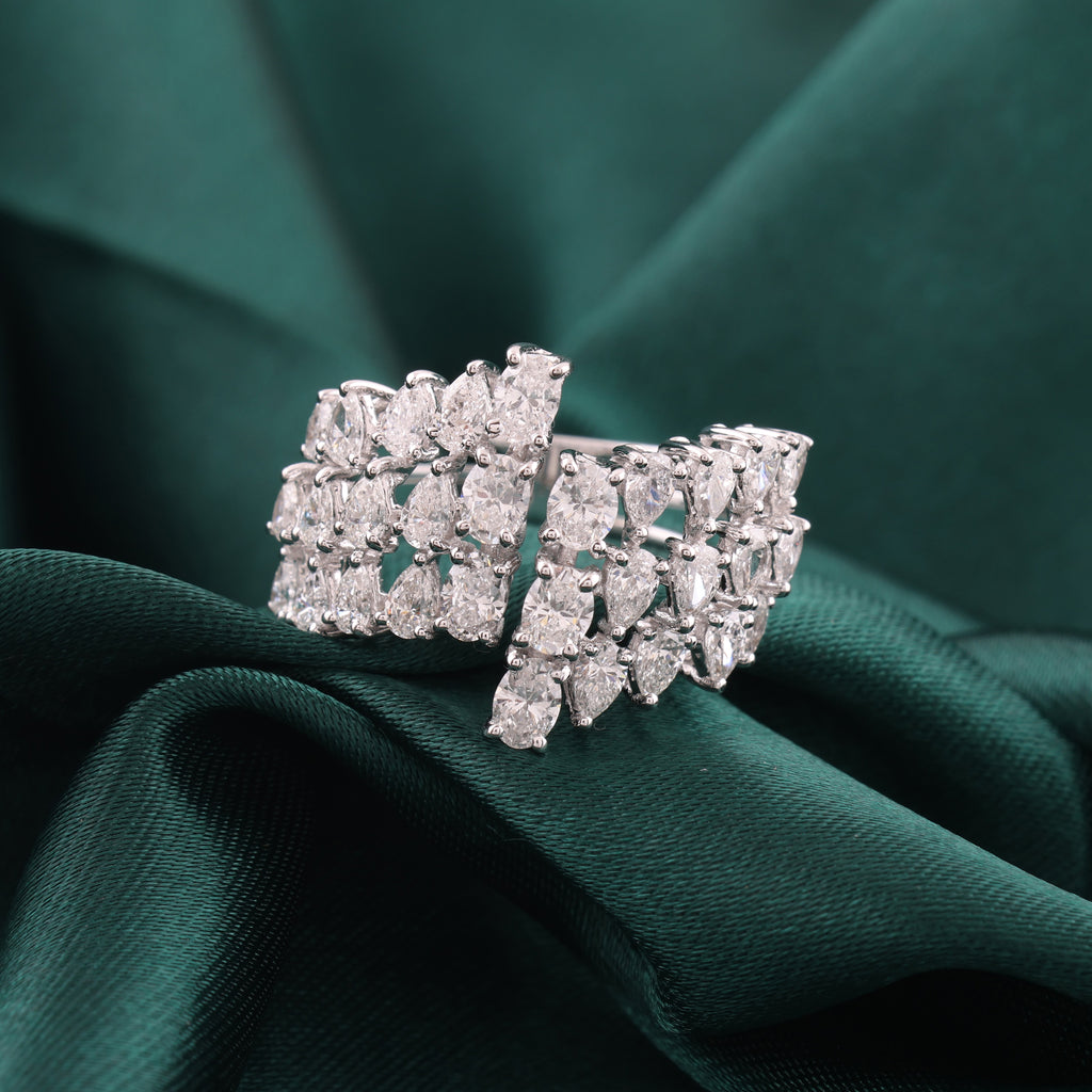 Multi Row Pear & Oval Cut Natural Diamond Statement Ring in Fine Gold
