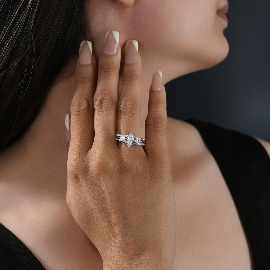 Marquise Cut Natural Diamond Engagement Ring with Pave Chevron Bands