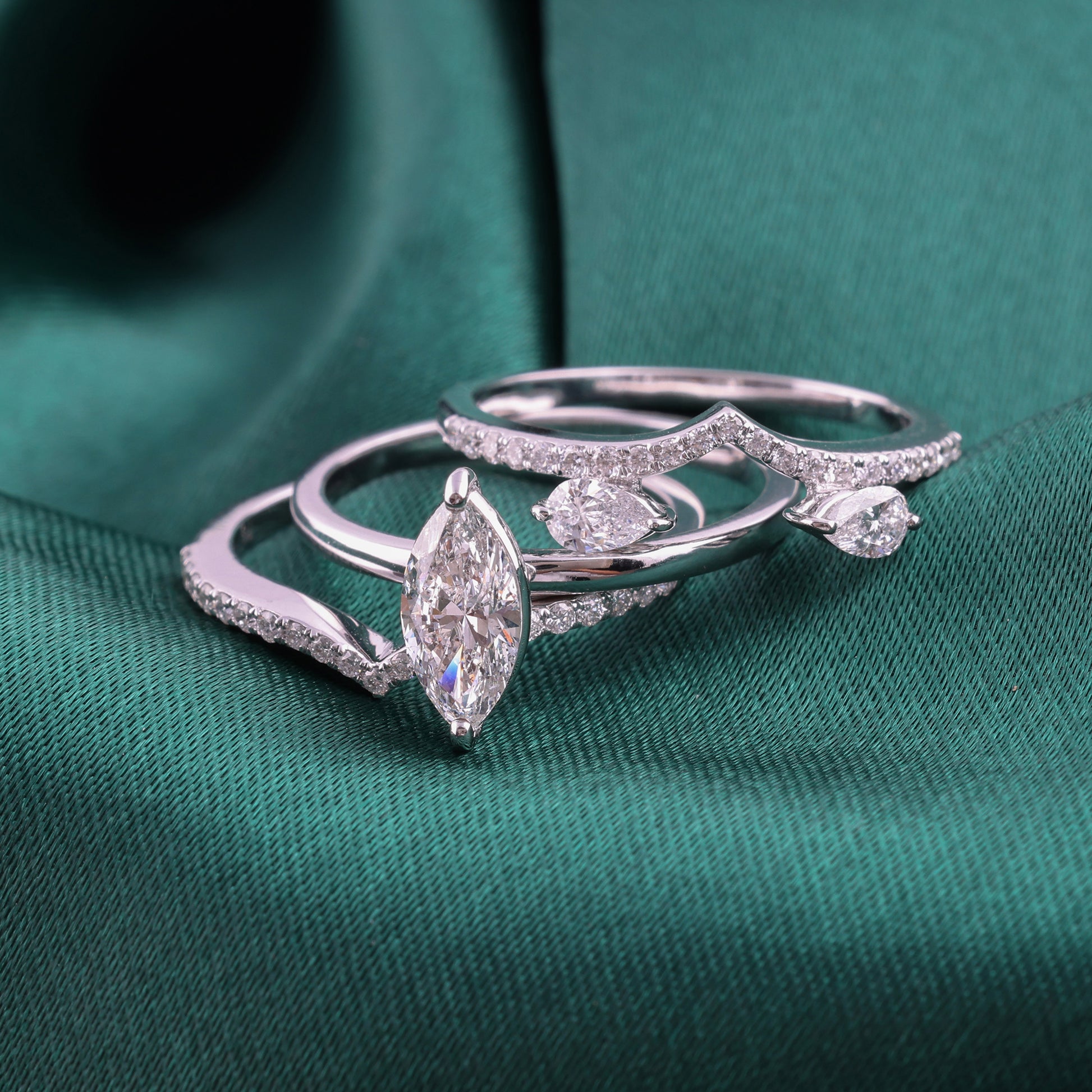 Marquise Cut Natural Diamond Engagement Ring with Pave Chevron Bands