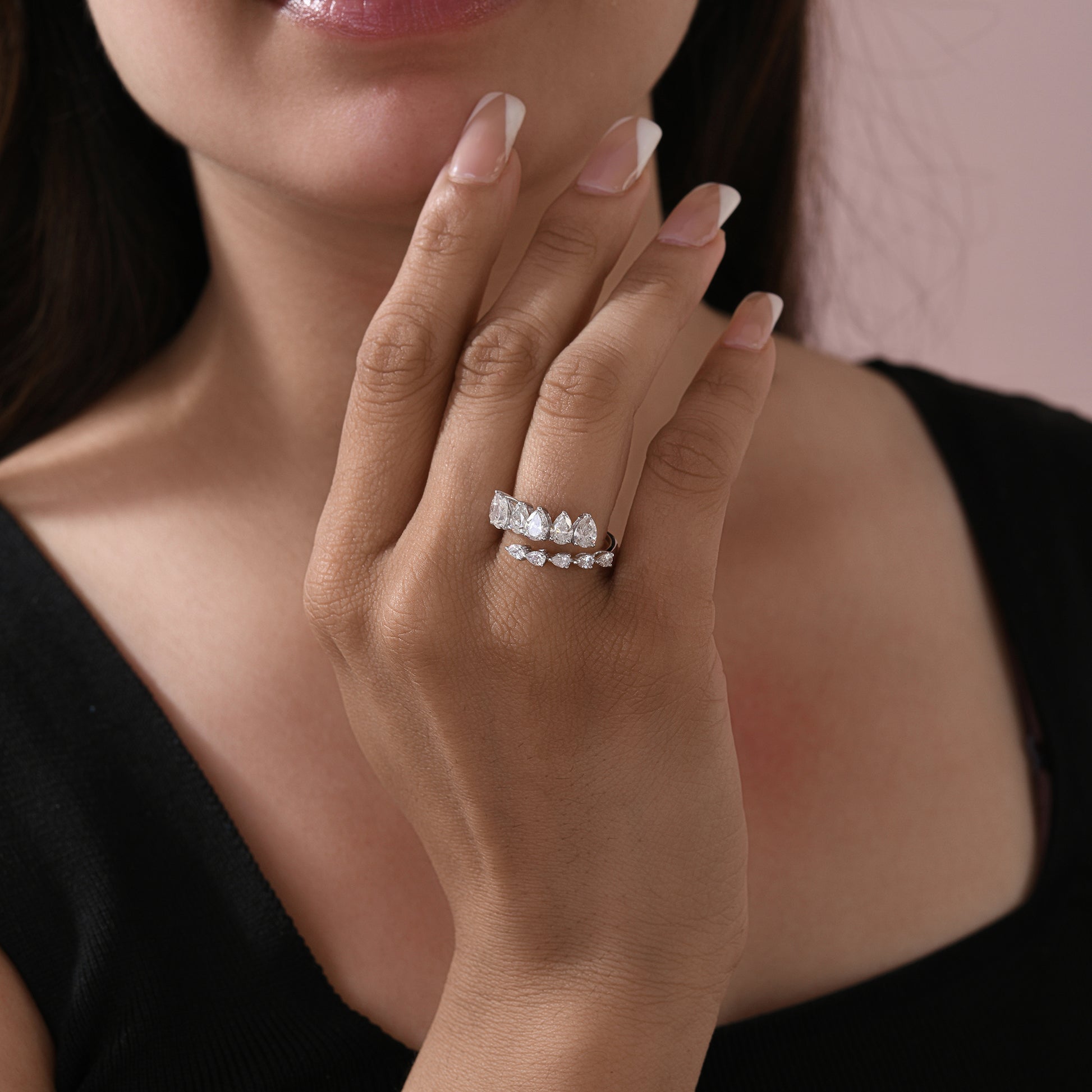 Double Row Pear Cut Natural Diamond Wrap Ring in Fine Gold