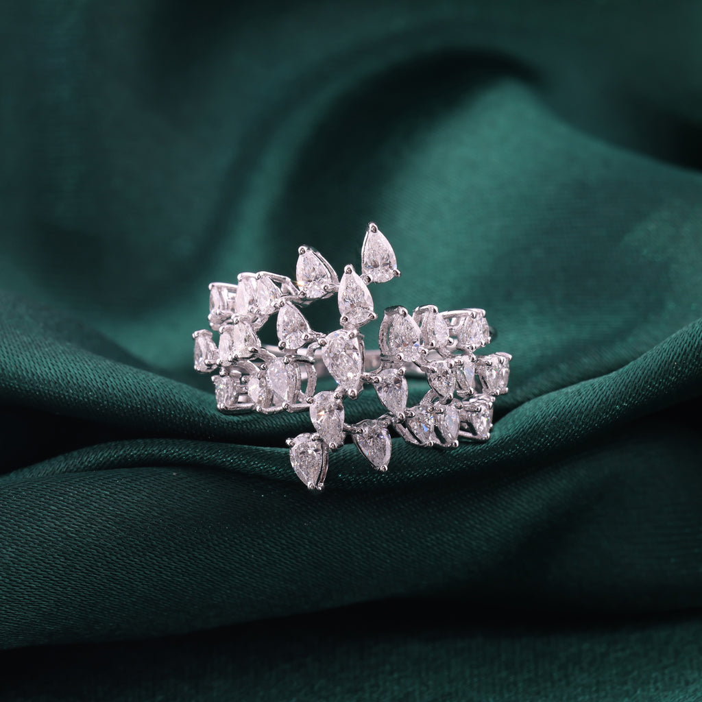 Wide Multi Row Pear Cut Natural Diamond Cluster Ring in Fine Gold