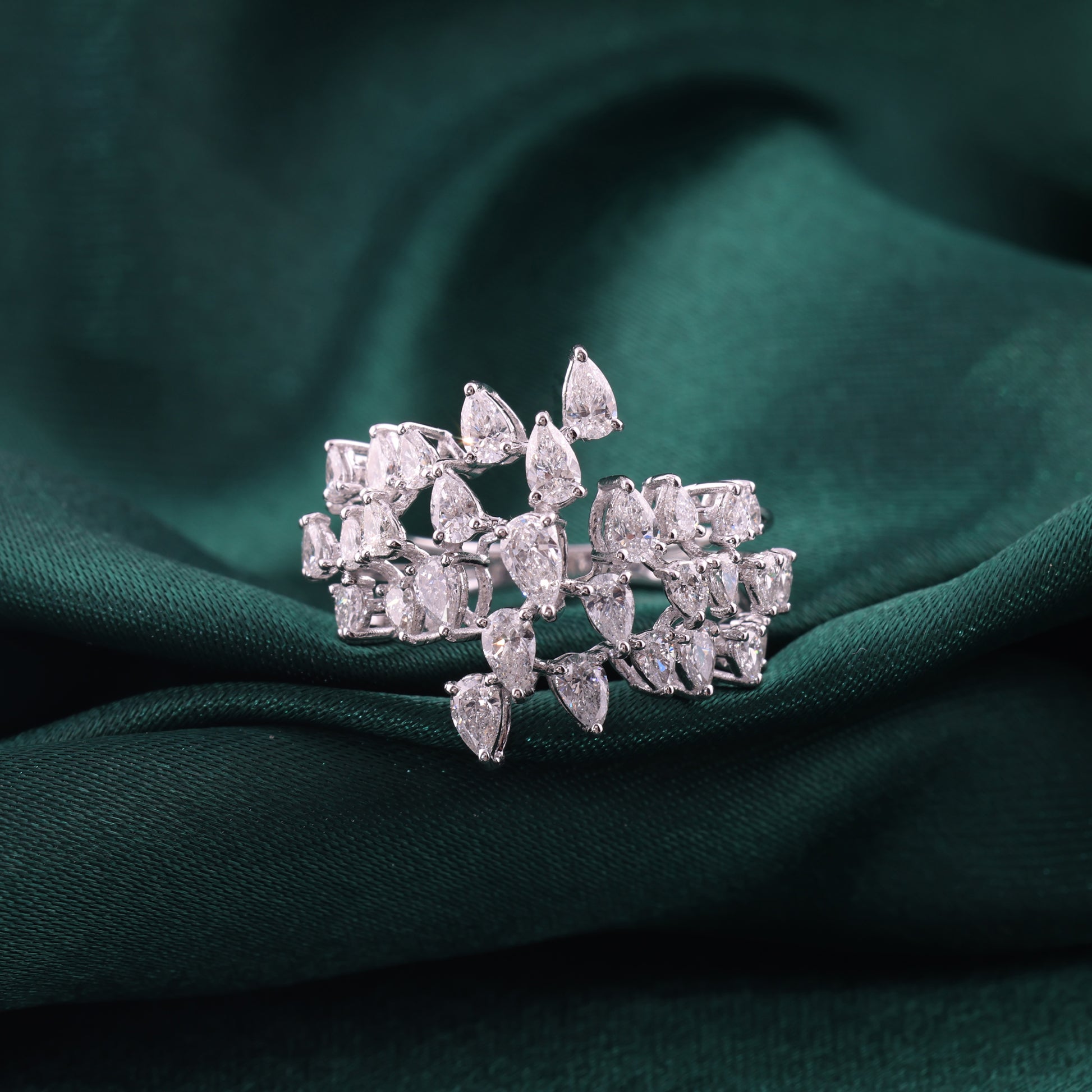 Wide Multi Row Pear Cut Natural Diamond Cluster Ring in Fine Gold