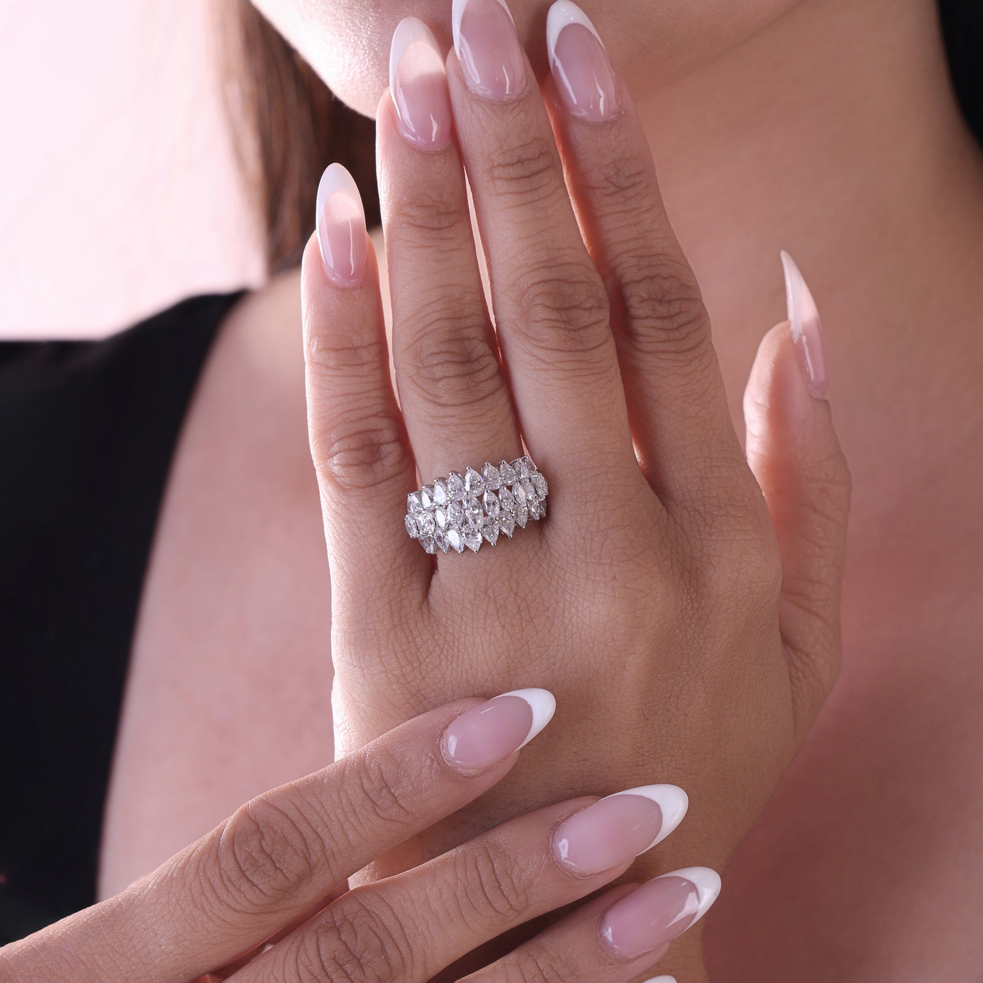 Statement Pear Marquise Cut Diamond Multi Row Wide Band Ring