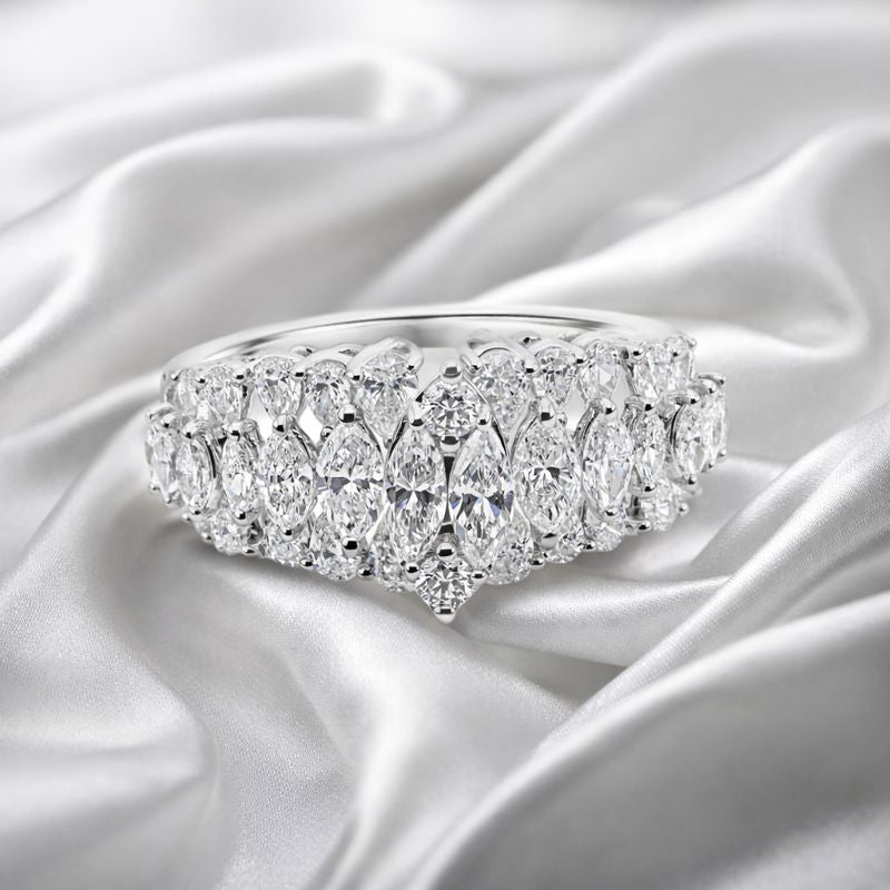 Triple Row Multi Cut Diamond Wide Band Statement Ring