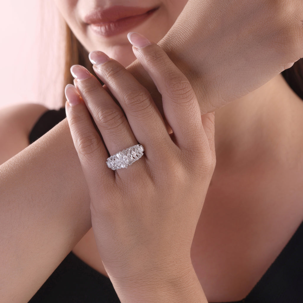 Triple Row Multi Cut Diamond Wide Band Statement Ring